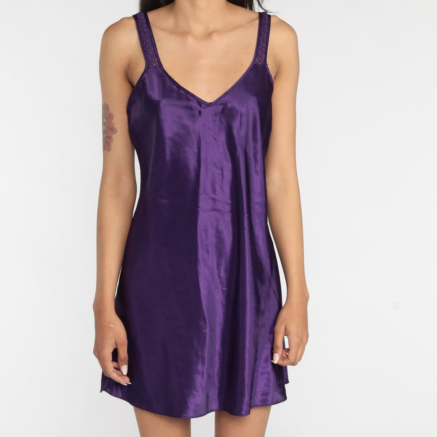 90s Purple Slip Dress Mini Lace Trim Sleeveless Nightgown Medium M