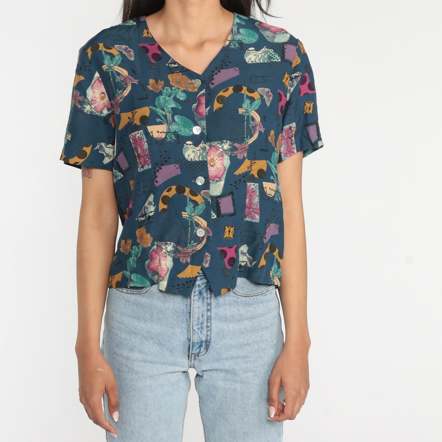 90s Blue Abstract Floral Button Up Blouse Short Sleeve Botanical Print Medium M