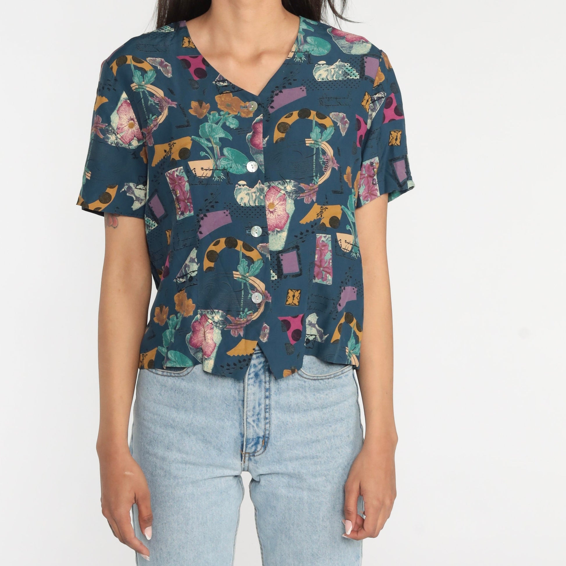 90s Blue Abstract Floral Button Up Blouse Short Sleeve Botanical Print Medium M