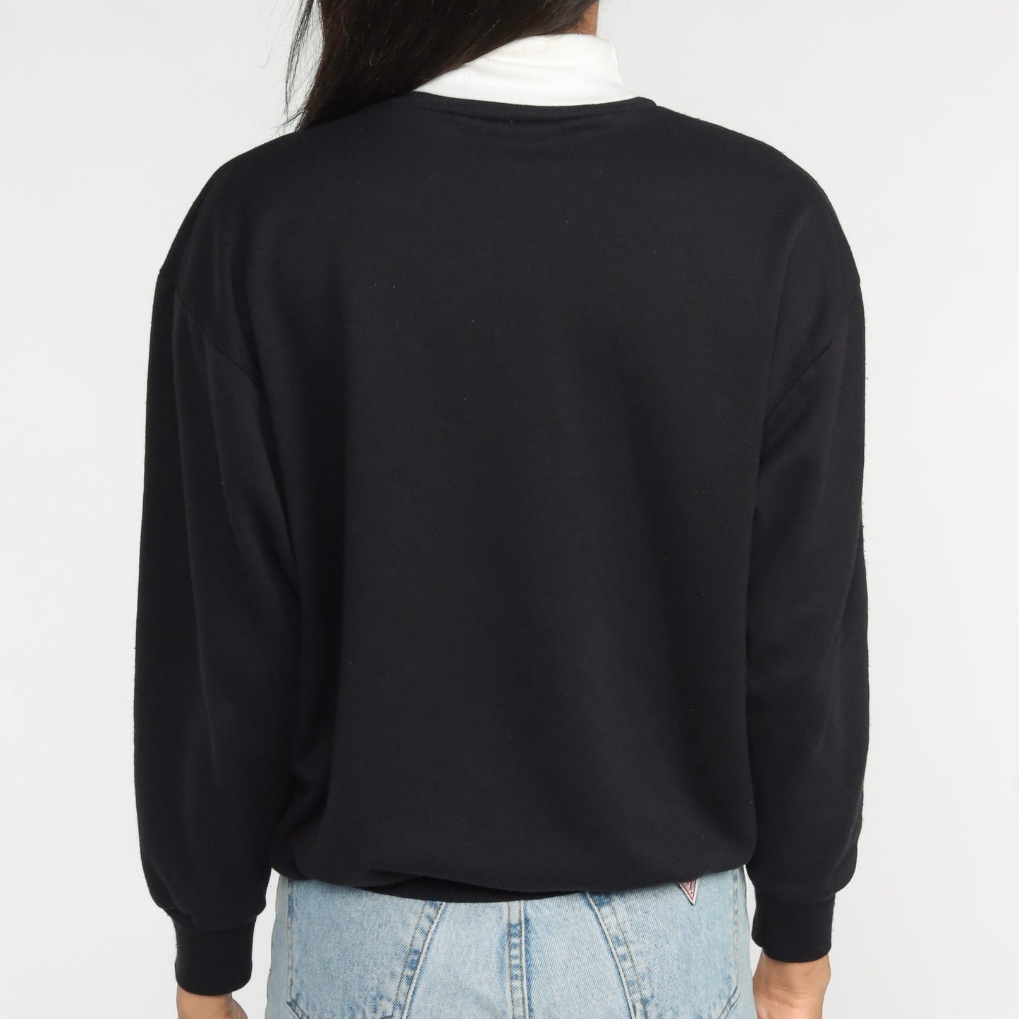 90s Bird Floral Wreath Turtleneck Sweatshirt Black Graphic Pullover Medium