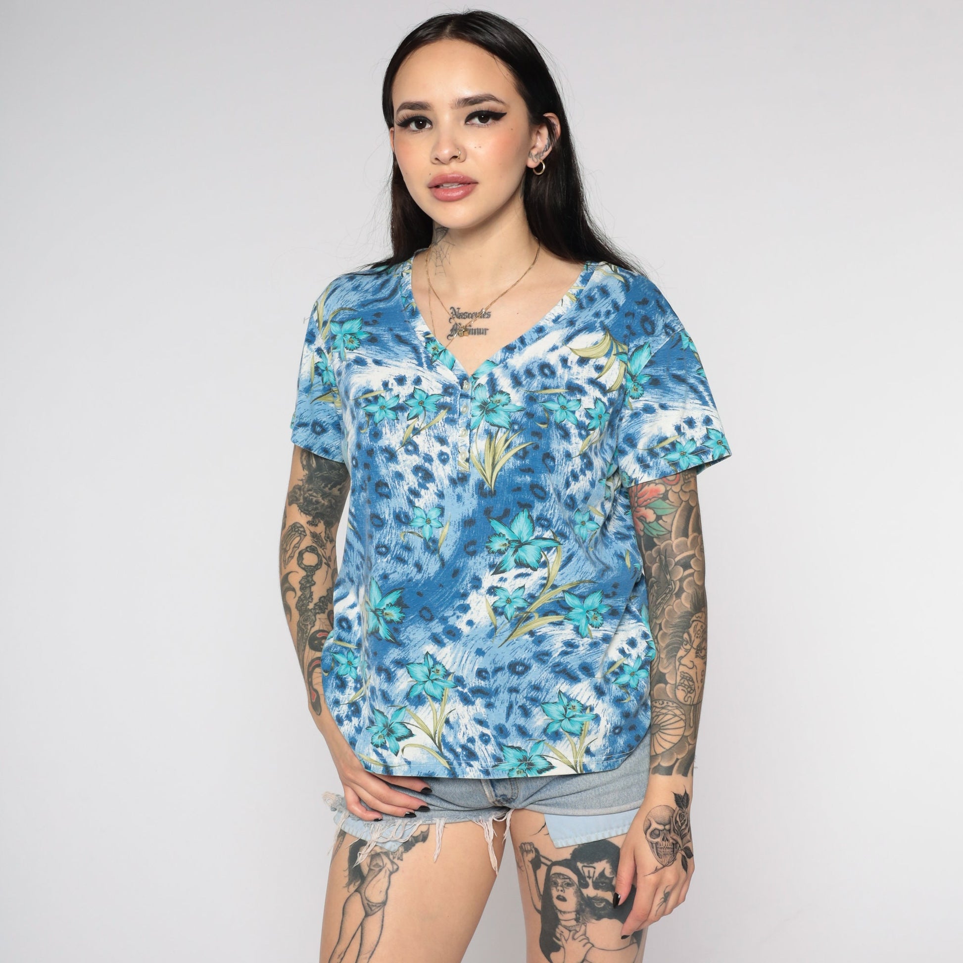 00s Tropical Floral Leopard Print Button-Up Blouse Blue Short Sleeve Small S