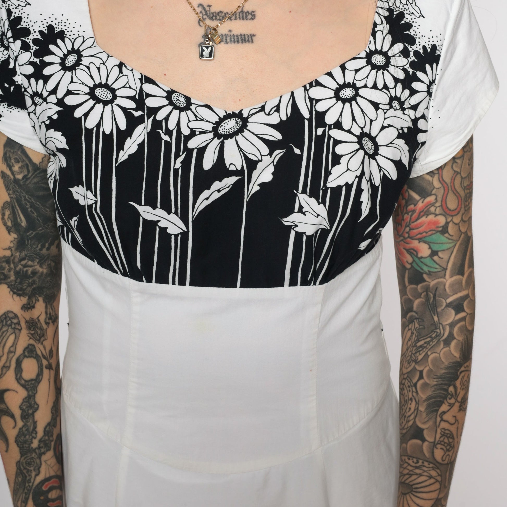 90s Jodi Of California Floral Midi Dress Black White Daisy Empire Waist Small