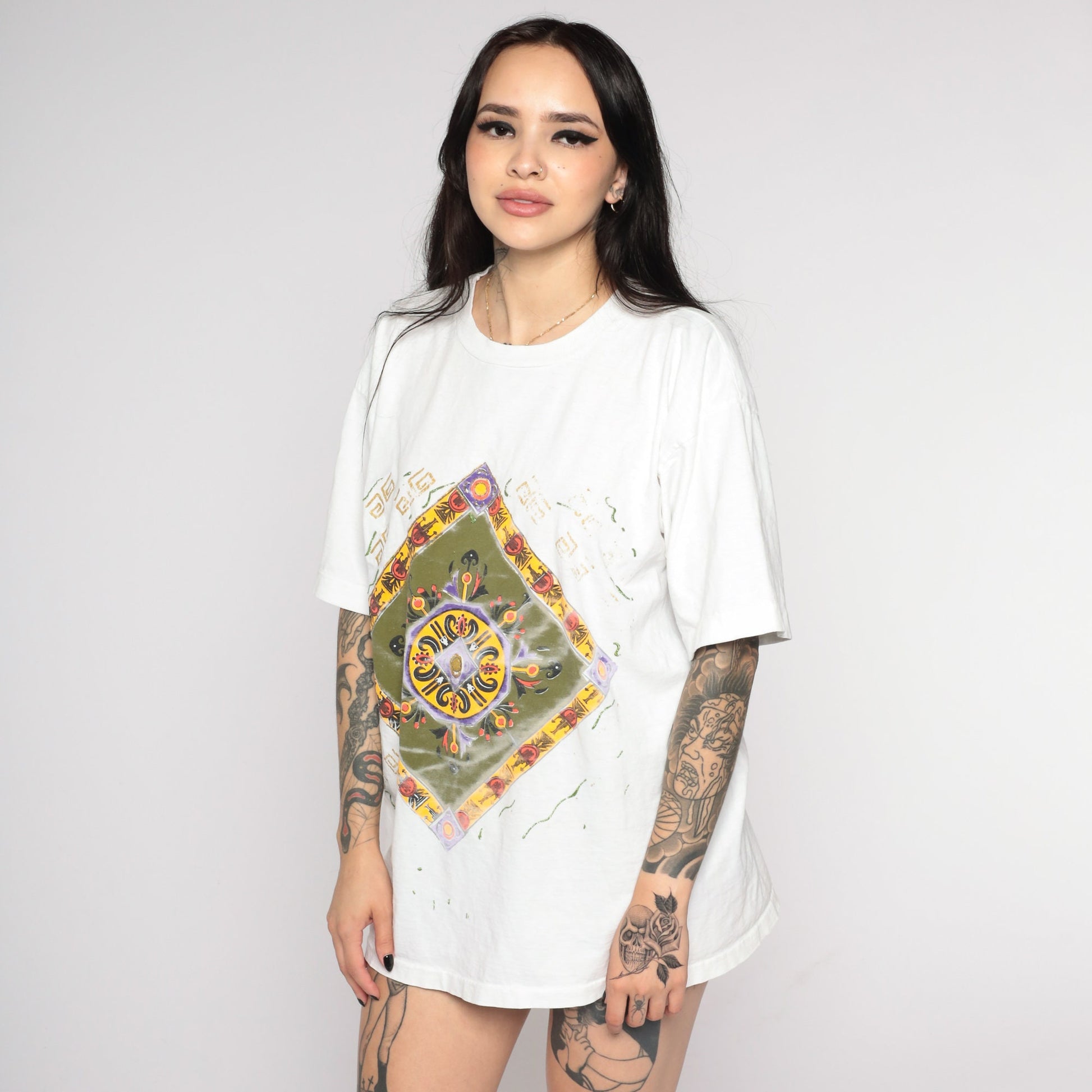 90s Geometric Square Print T-Shirt White Glitter Hand Painted Graphic Tee Large