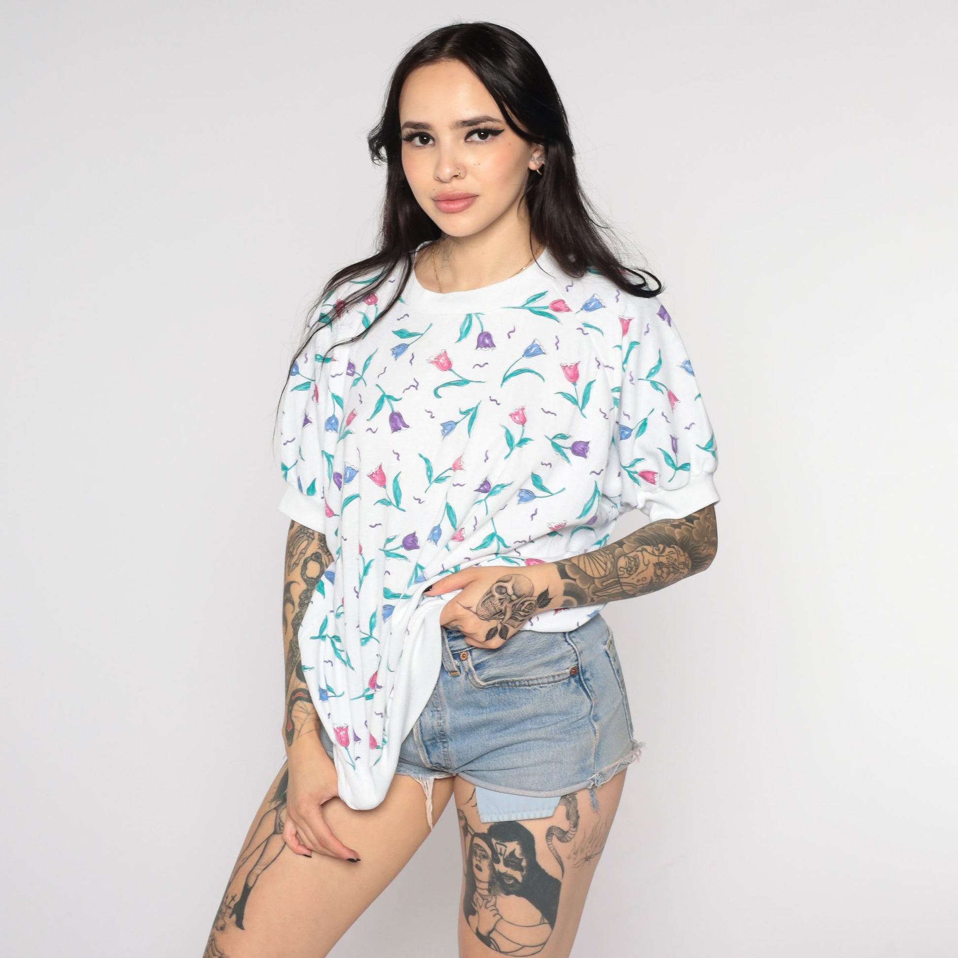 80s White Floral Print Top Banded Hem Short Sleeve Plus Size XXL
