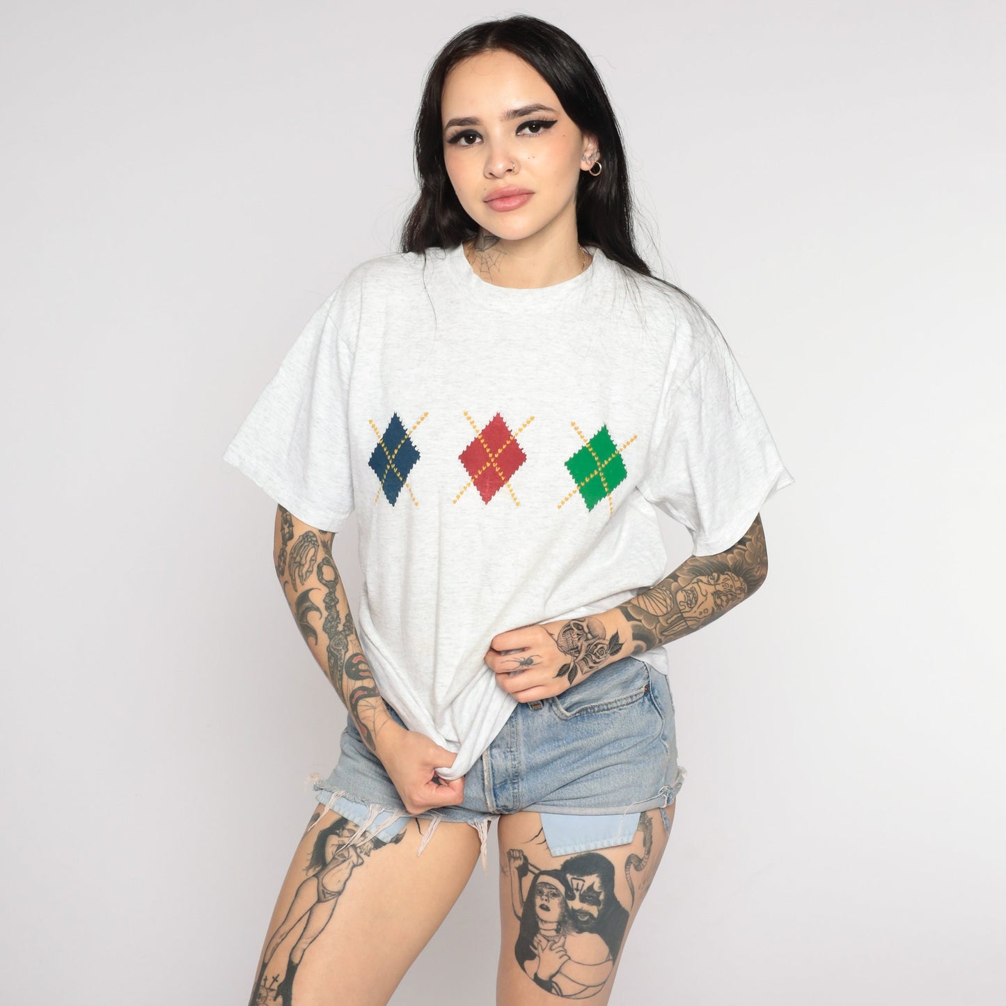 90s Argyle Checkered Crewneck T-Shirt Heather Grey Graphic Tee Medium