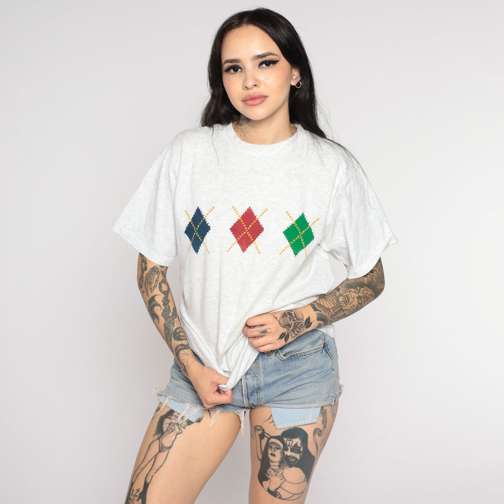 90s Argyle Checkered Crewneck T-Shirt Heather Grey Graphic Tee Medium