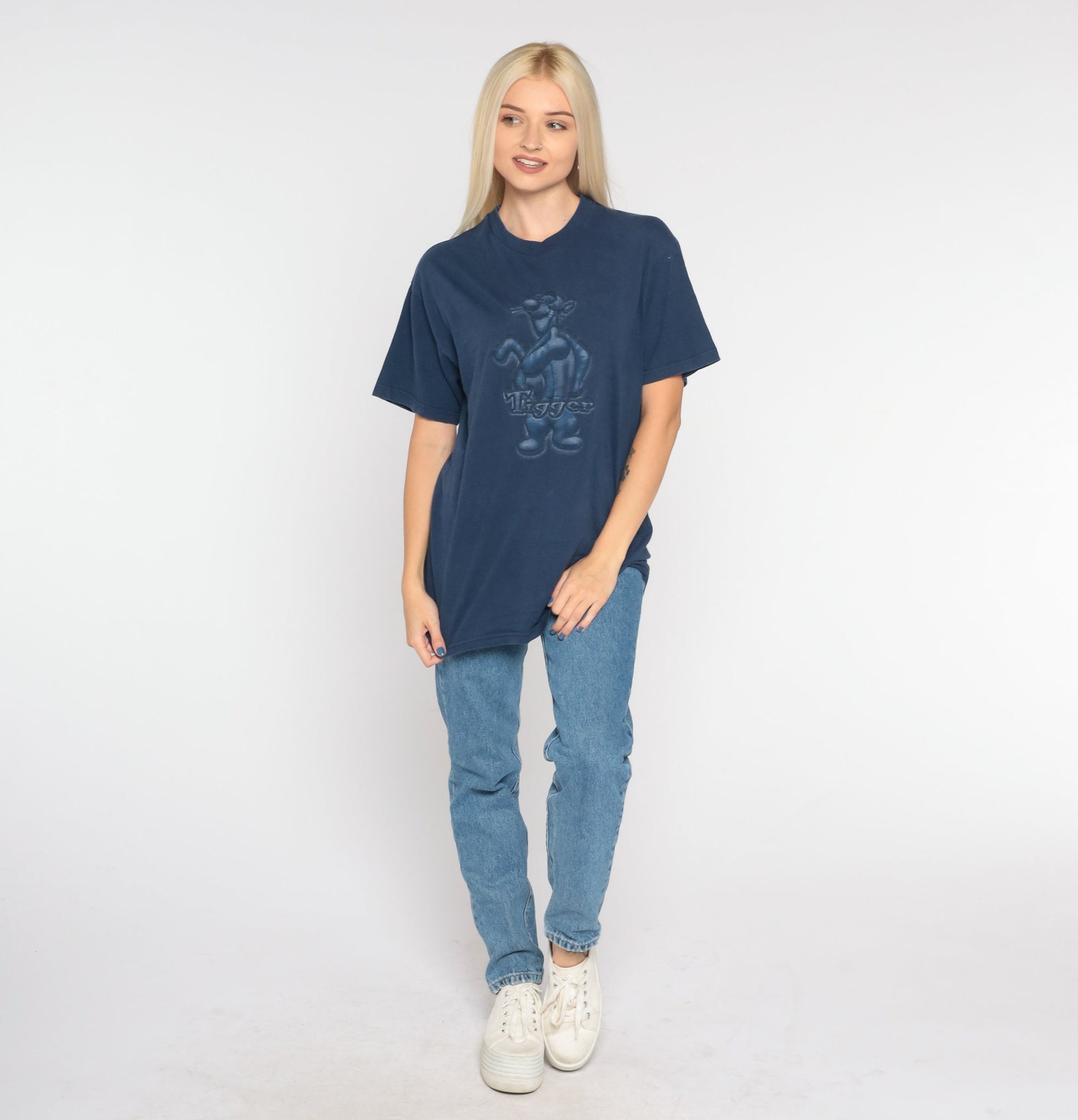 Y2K Disney Tigger Graphic T-Shirt Navy Cotton Tee Medium M