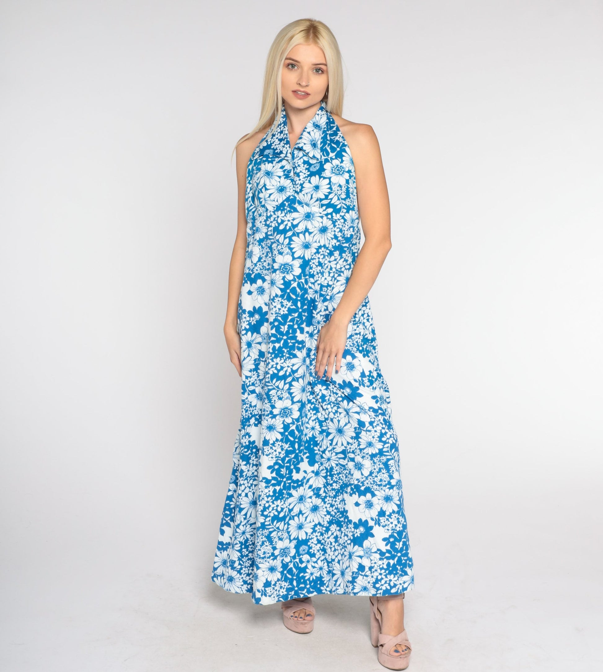 70s Blue Floral Maxi Dress Halter Neck Open Back Cotton Medium Petite