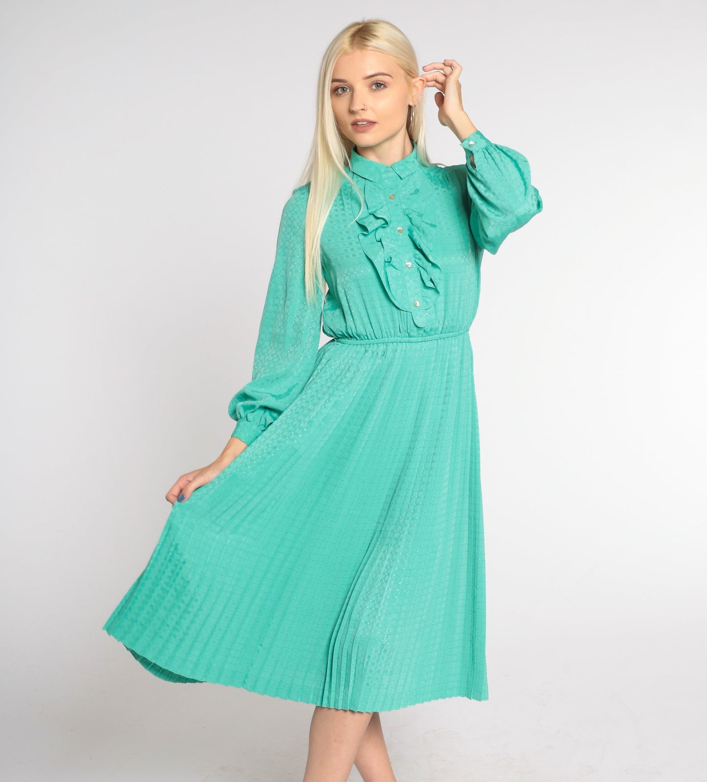 80s Seafoam Green Midi Dress High Waist Pleated Tuxedo Ruffle Small
