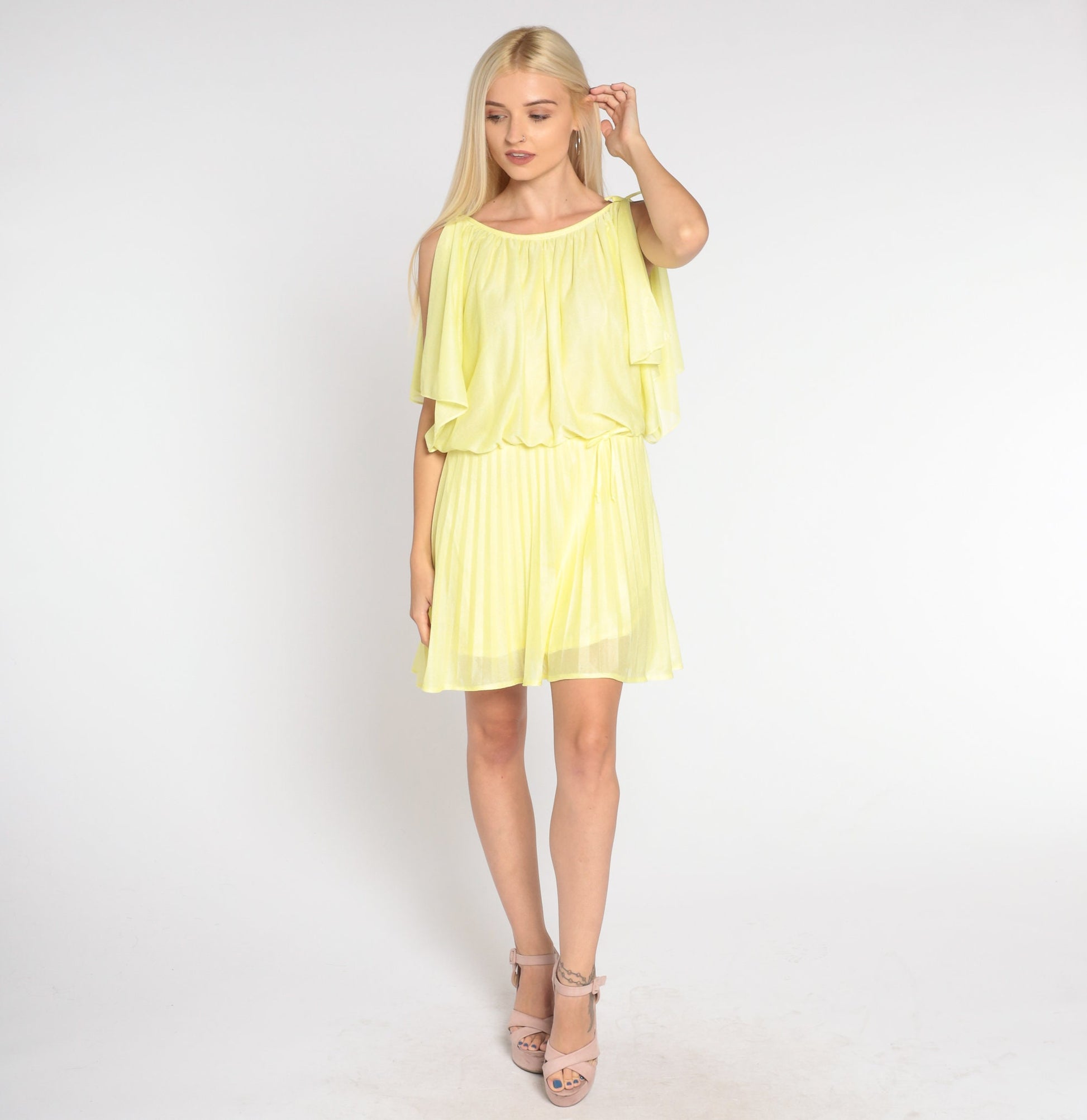 70s Yellow Mini Dress Pleated High Waist Draped Slit Sleeve Small Medium