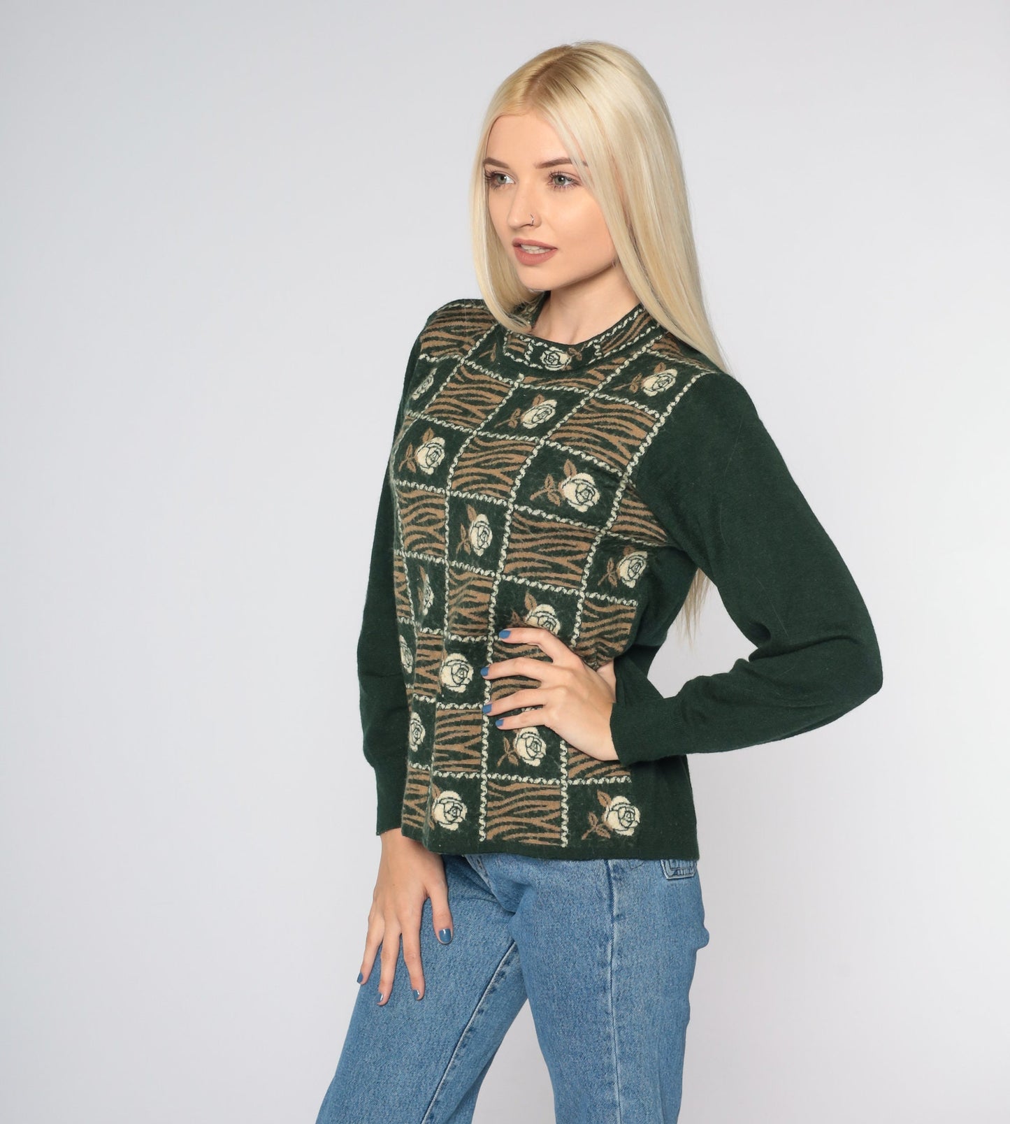 80s Dark Green Floral Striped Angora Blend Sweater Crewneck Small