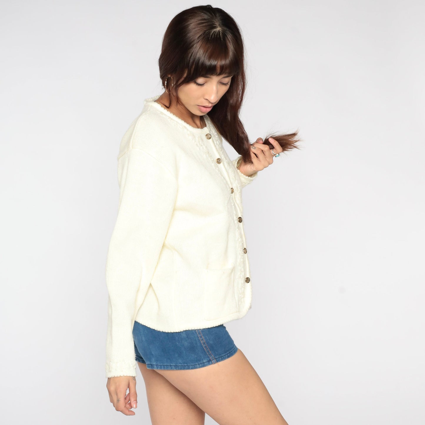 80s Floral Embroidered Cardigan Cream Button-Up Knit Sweater Medium Large