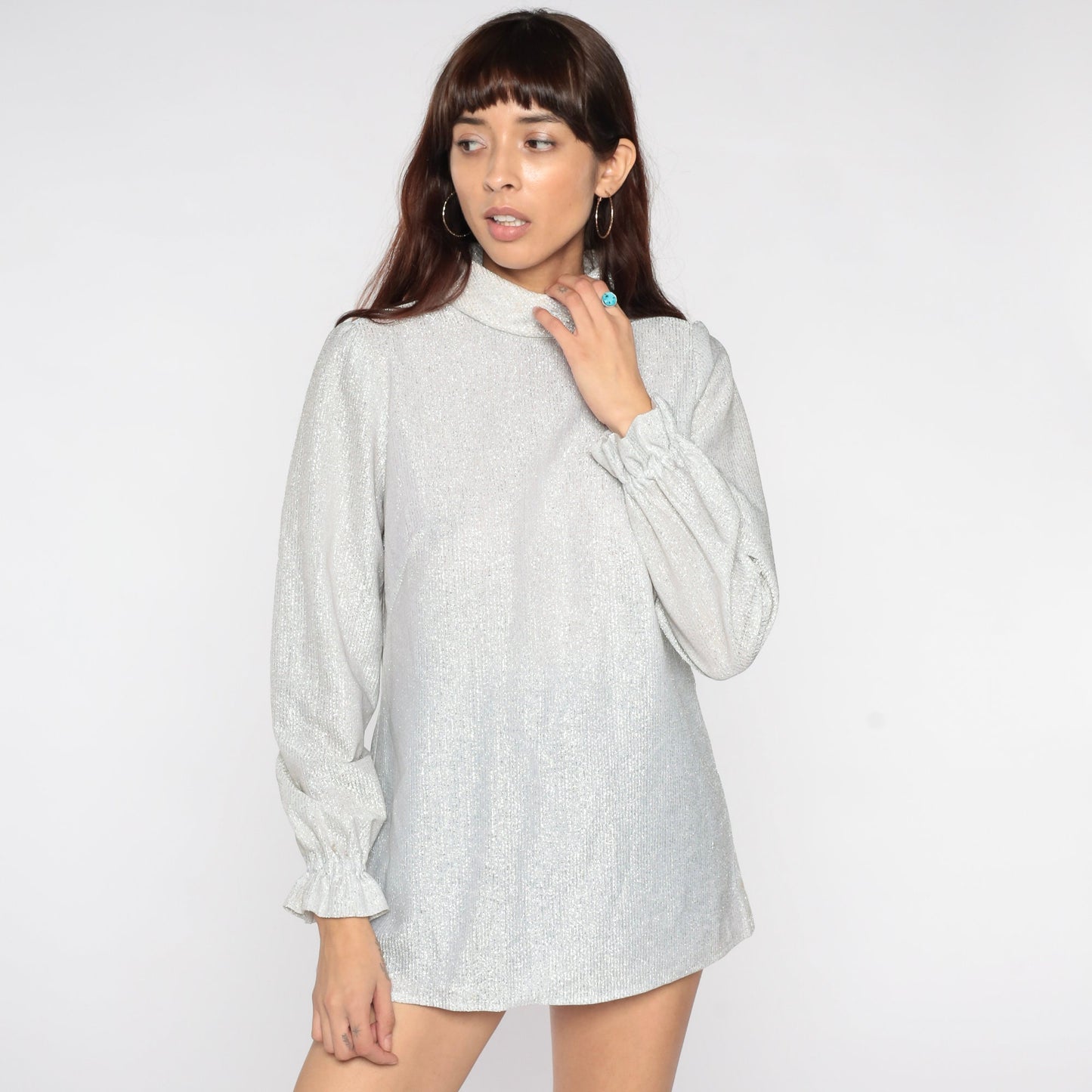 70s Silver Metallic Turtleneck Puff Sleeve Blouse Small