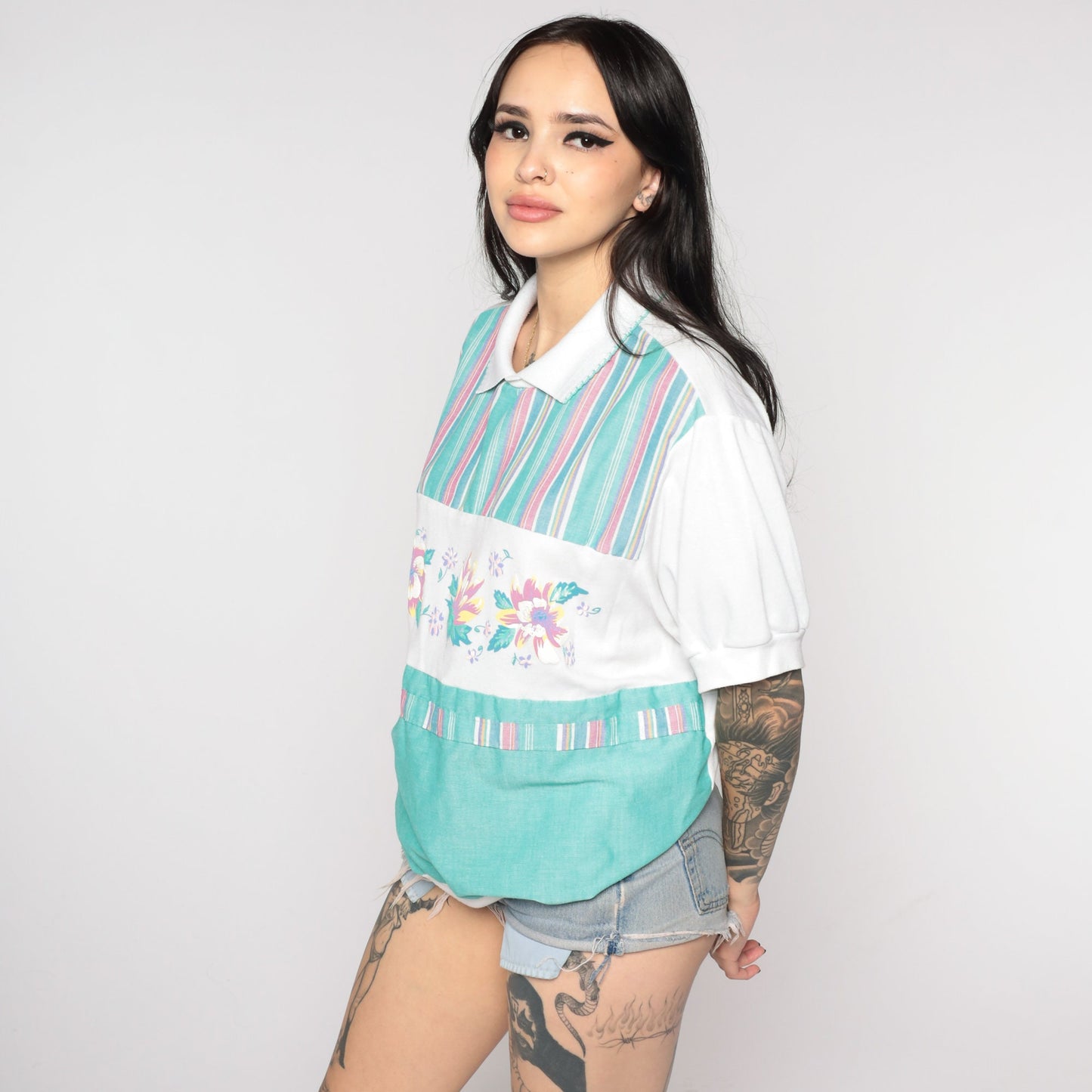 80s Floral Colour Block Striped Shirt Green White Short Sleeve Extra Large XL