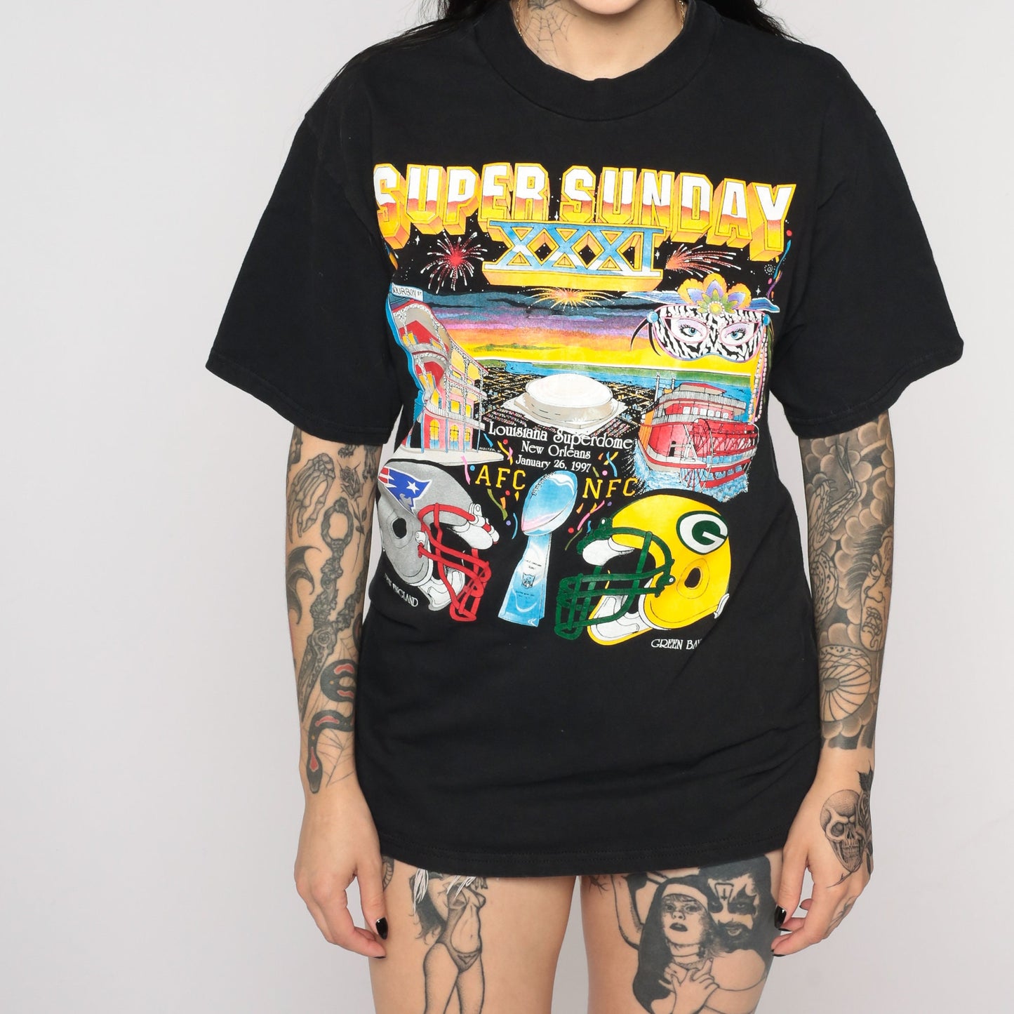 1997 Super Bowl XXXI Packers vs Patriots NFL Tee Black Cotton Medium