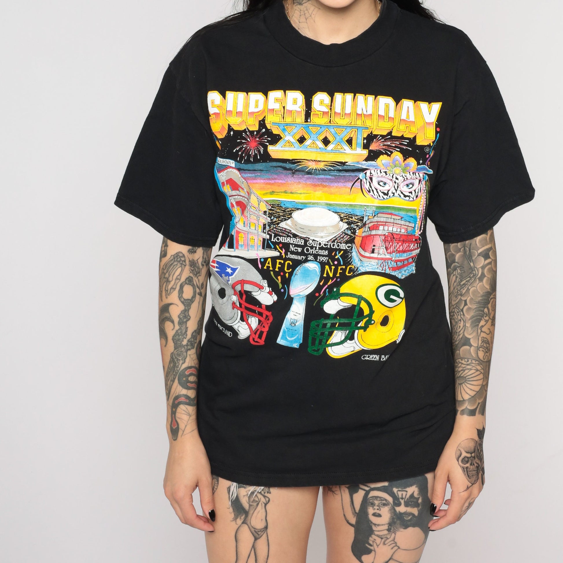 1997 Super Bowl XXXI Packers vs Patriots NFL Tee Black Cotton Medium