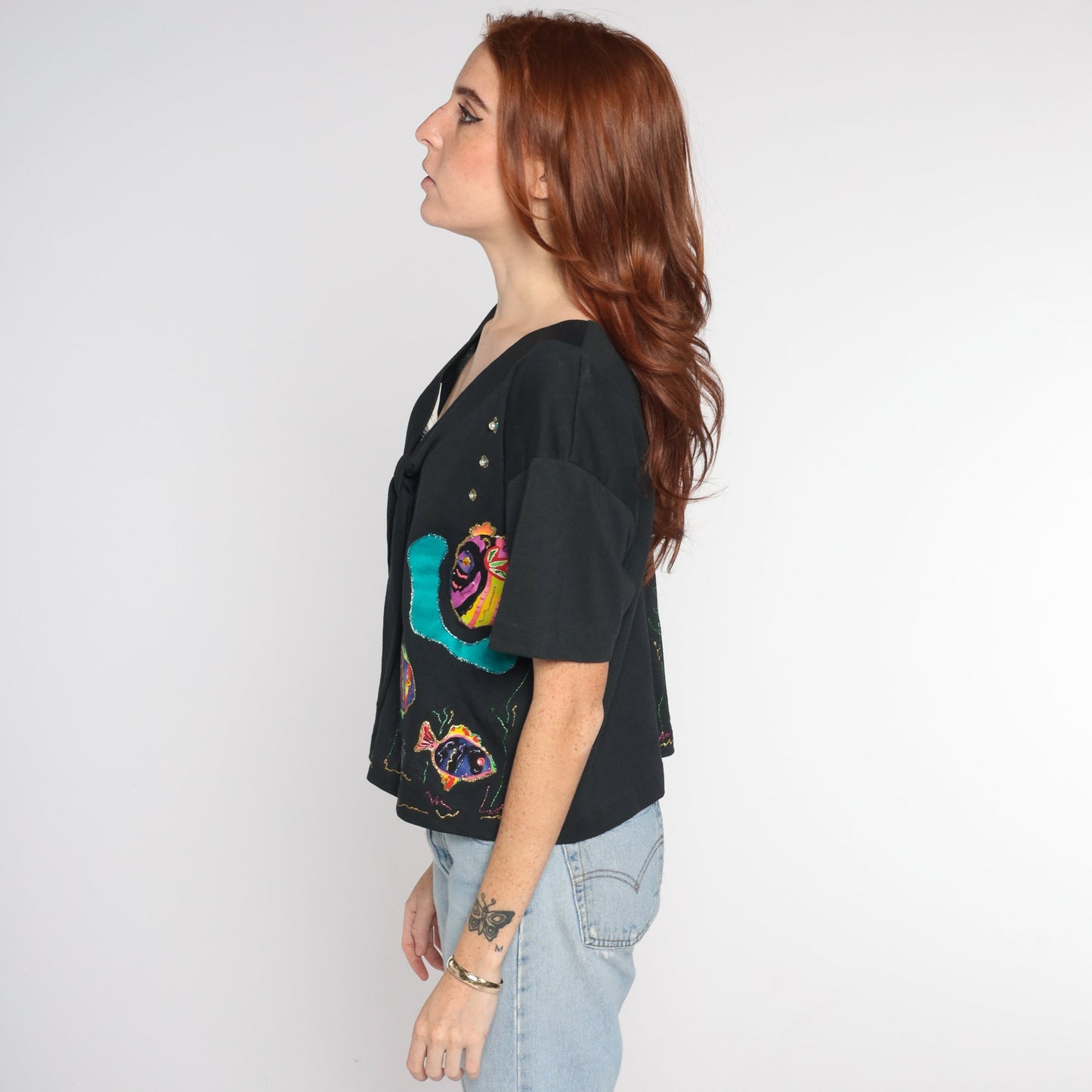 90s Black Tropical Fish Ascot Blouse Glitter Pearls Short Sleeve Large L