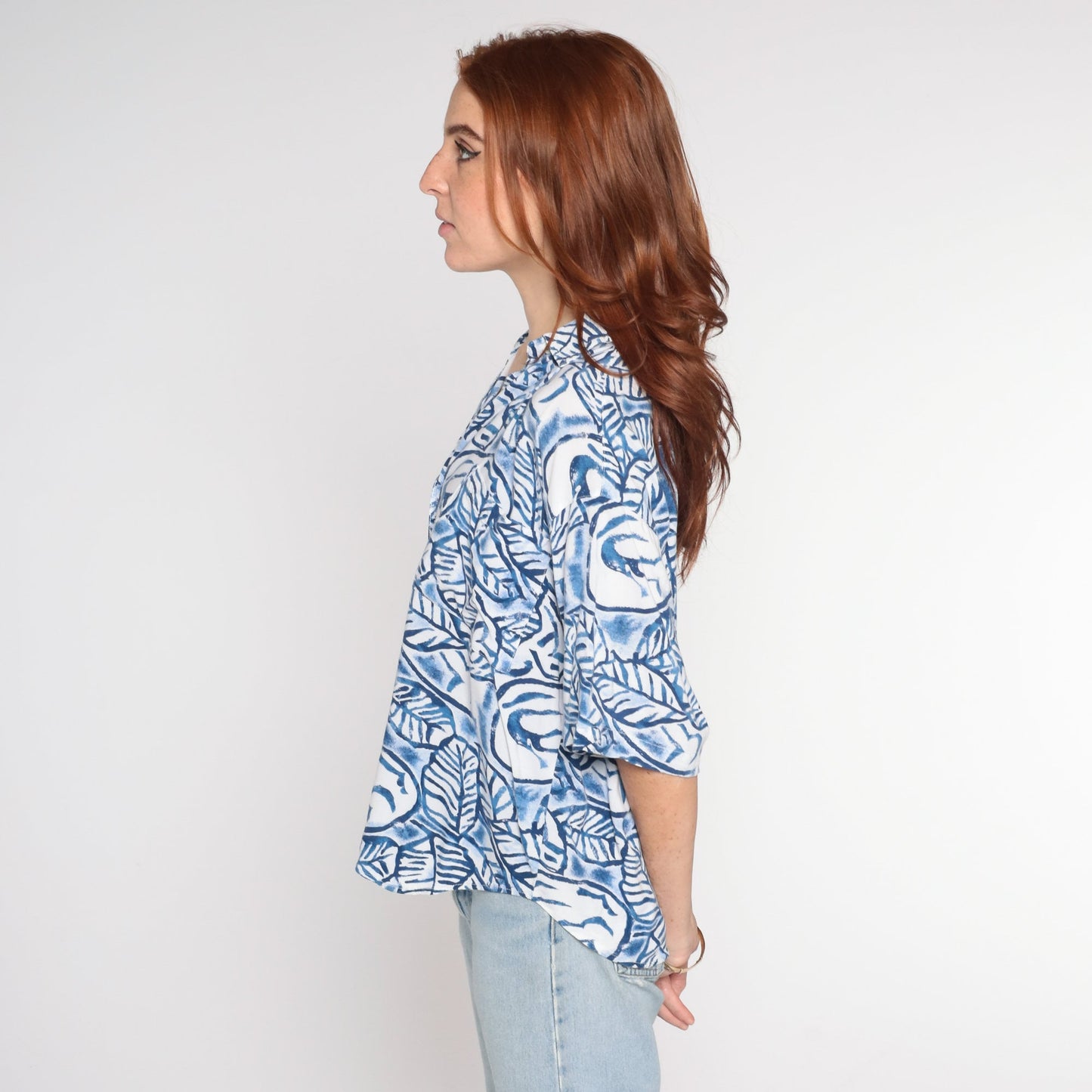 90s Blue White Leaf Print Button Up Shirt Rayon Large L