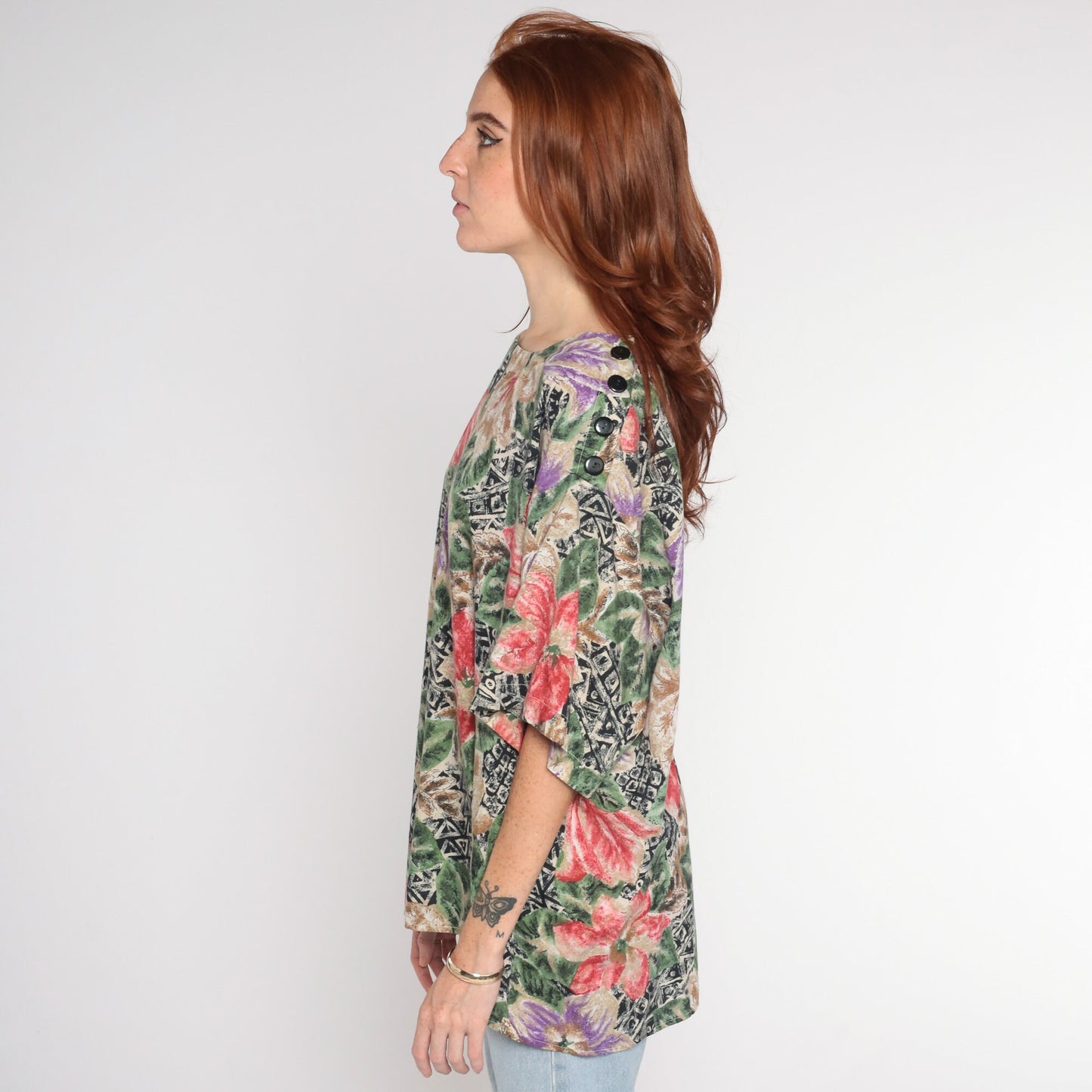 90s Hawaiian Floral Geometric Print Blouse Short Sleeve Plus Size XXL