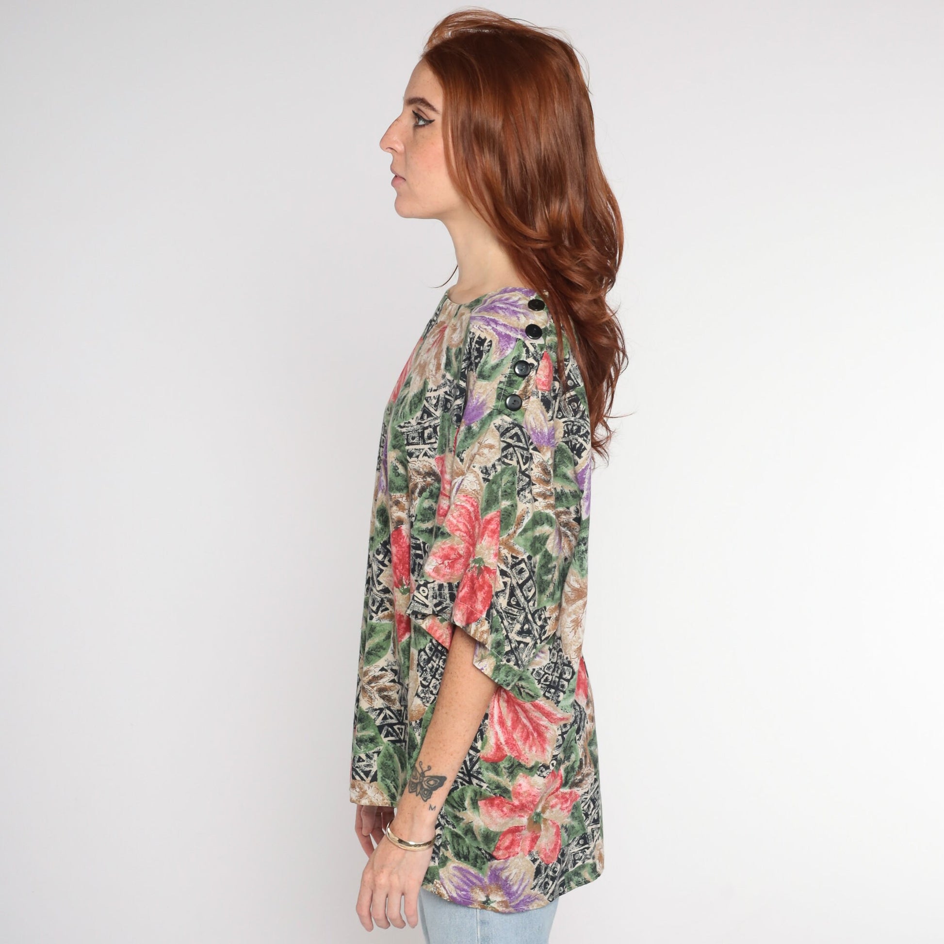 90s Hawaiian Floral Geometric Print Blouse Short Sleeve Plus Size XXL