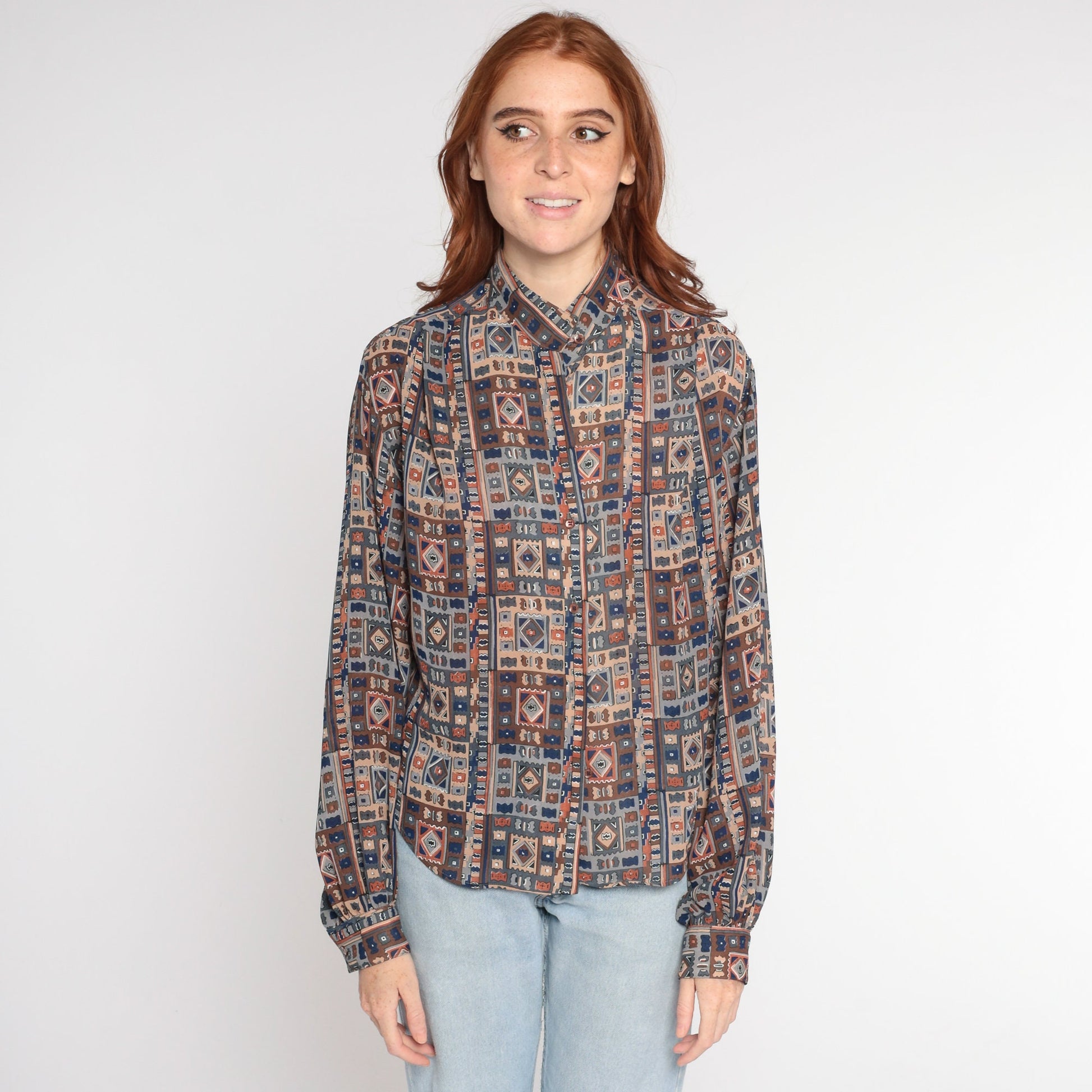 80s Geometric Print Button Up Blouse Mandarin Collar Balloon Sleeve Medium