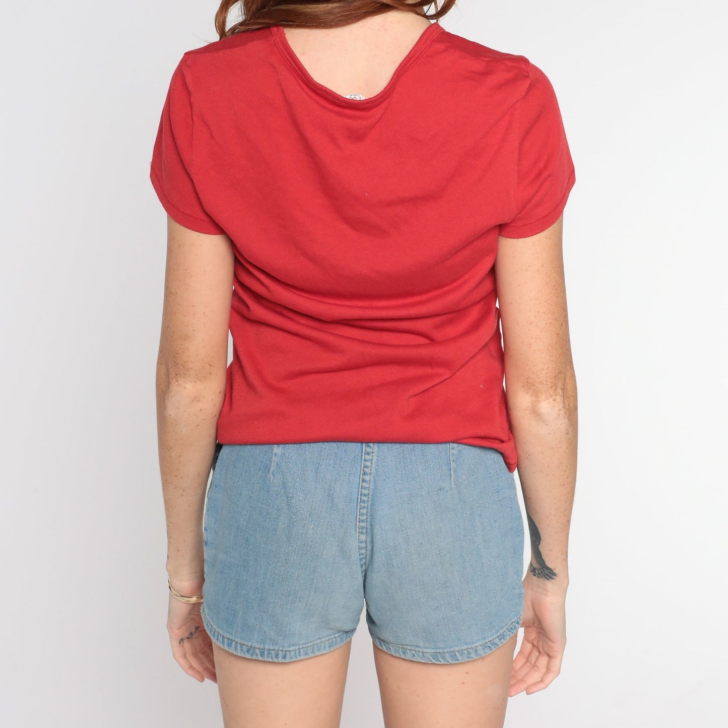 80s Red V-Neck T-Shirt Single Stitch Cotton Tee Medium M