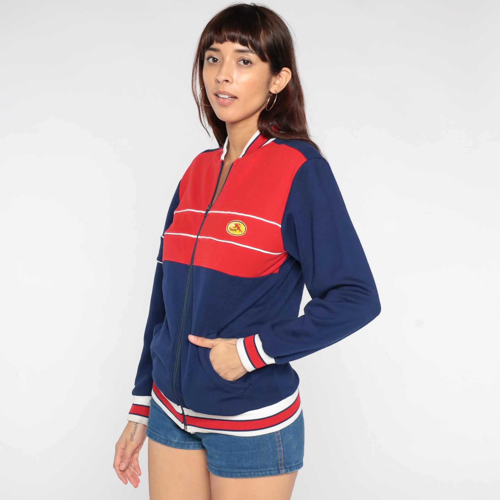 80s Devil Action Wear Track Jacket Blue Red Striped Crest Small