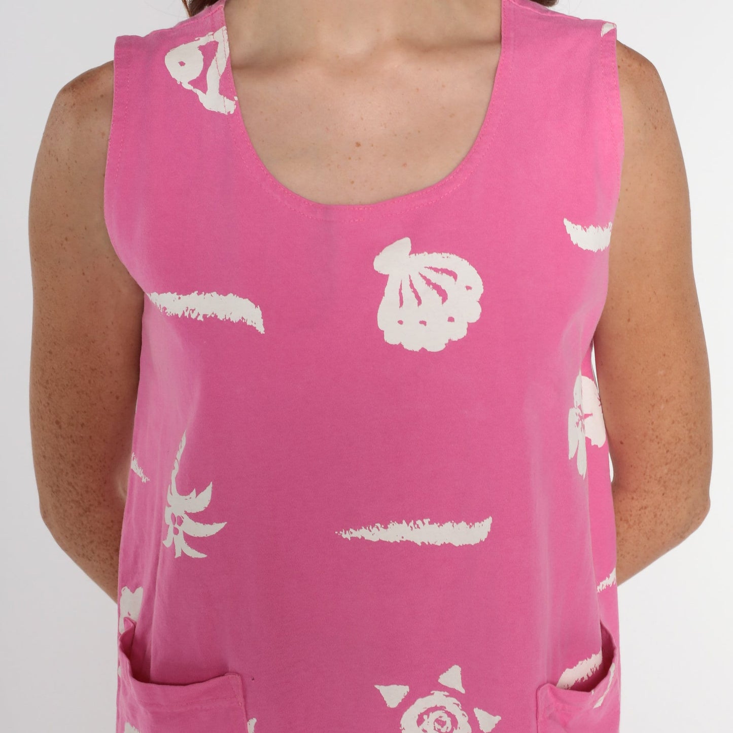 90s Pink Tropical Mini Dress Fish Shell Sun Print Sleeveless Small