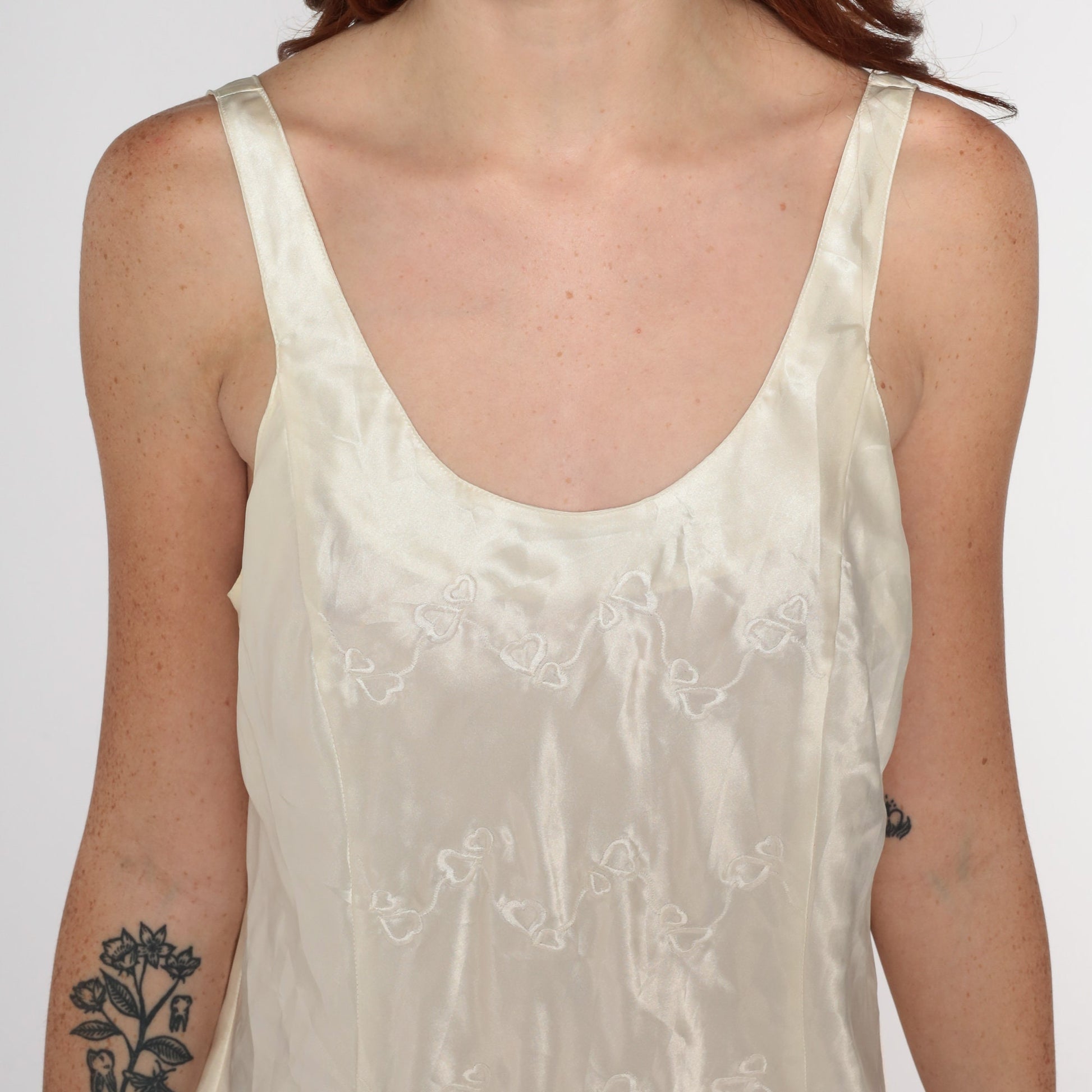 90s Ivory Slip Dress Embroidered Hearts Low Back Sleeveless Mini Nightgown Medium