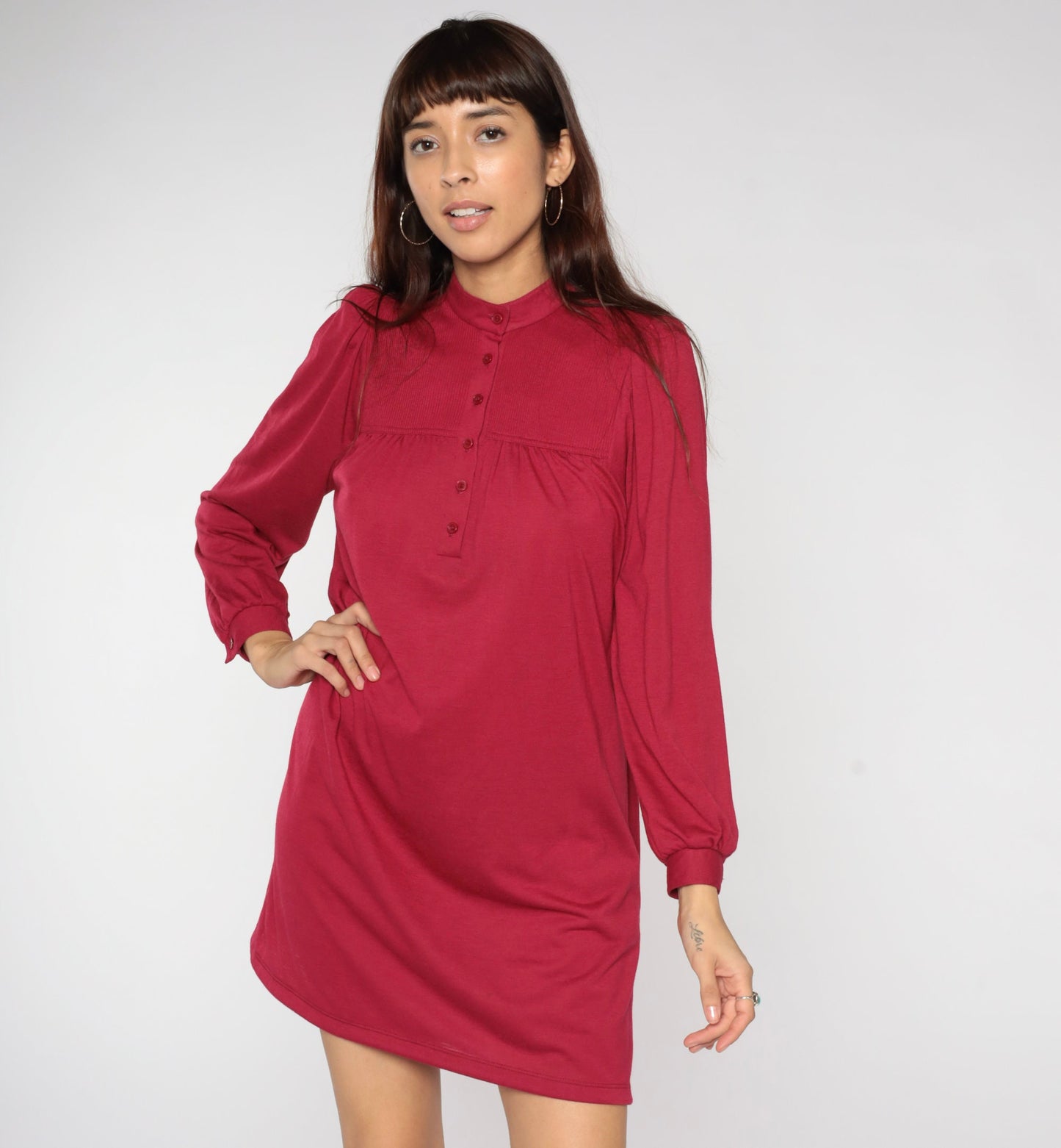 70s Leslie Fay Berry Red Mini Dress Puff Sleeve Button Bib Medium