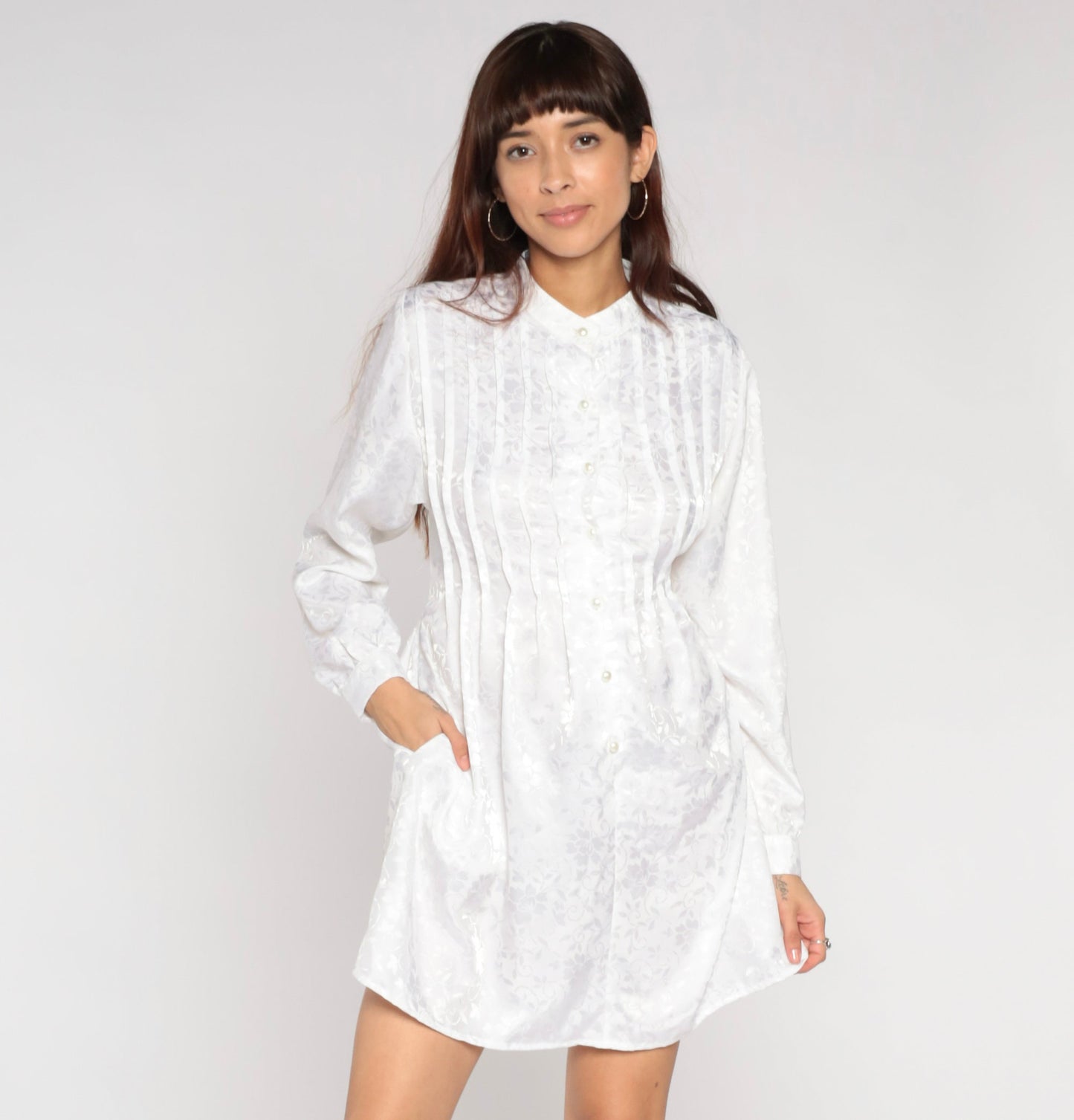80s White Embossed Floral Mini Shirtdress Long Sleeve Pearl Buttons Extra Small