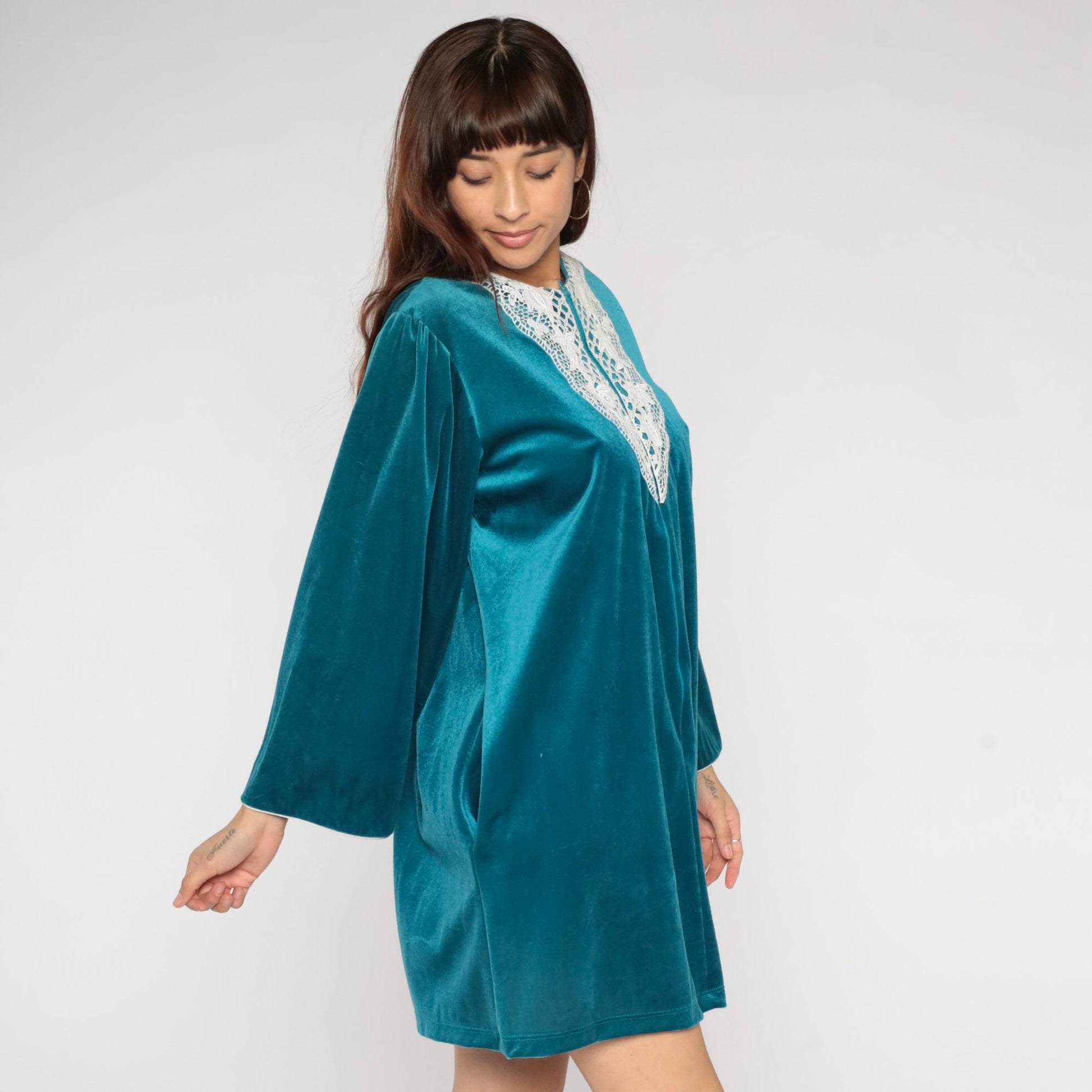 80s Teal Velour Mini Lounge Dress Floral Lace Bib Long Sleeve Zip Front Large L