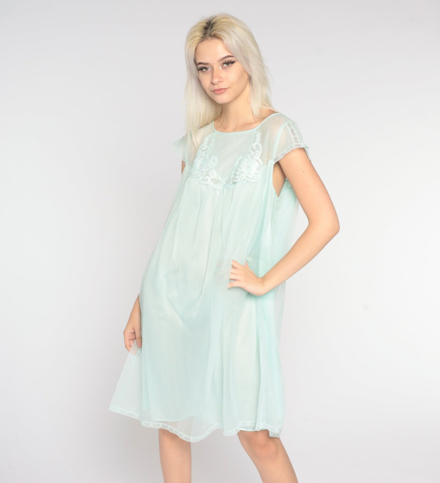 70s Mint Nylon Nightgown Lace Trim Mini Babydoll Slip Dress Large