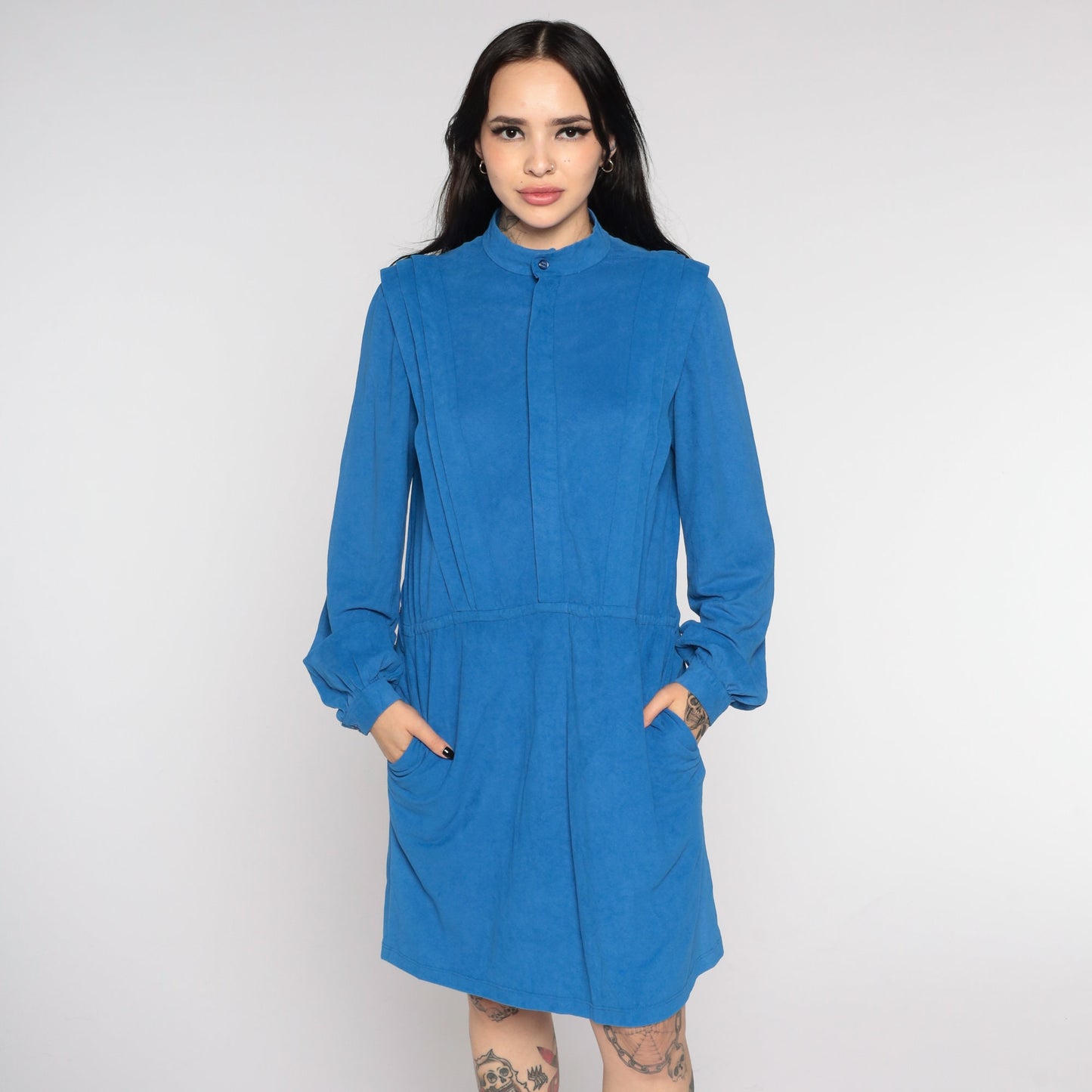 1970s Blue Faux Suede Mini Dress Long Sleeve Elastic Waist Medium Large