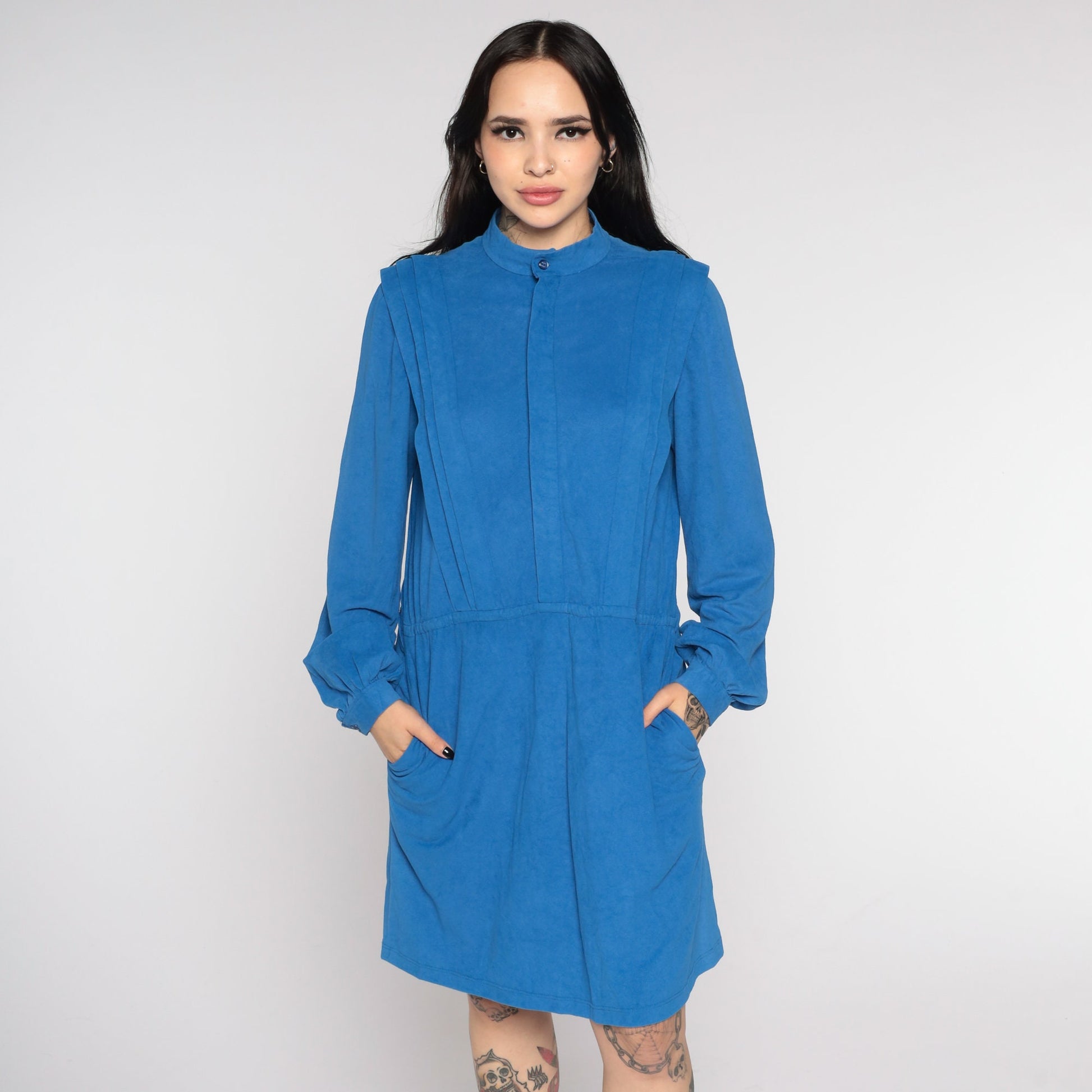 1970s Blue Faux Suede Mini Dress Long Sleeve Elastic Waist Medium Large