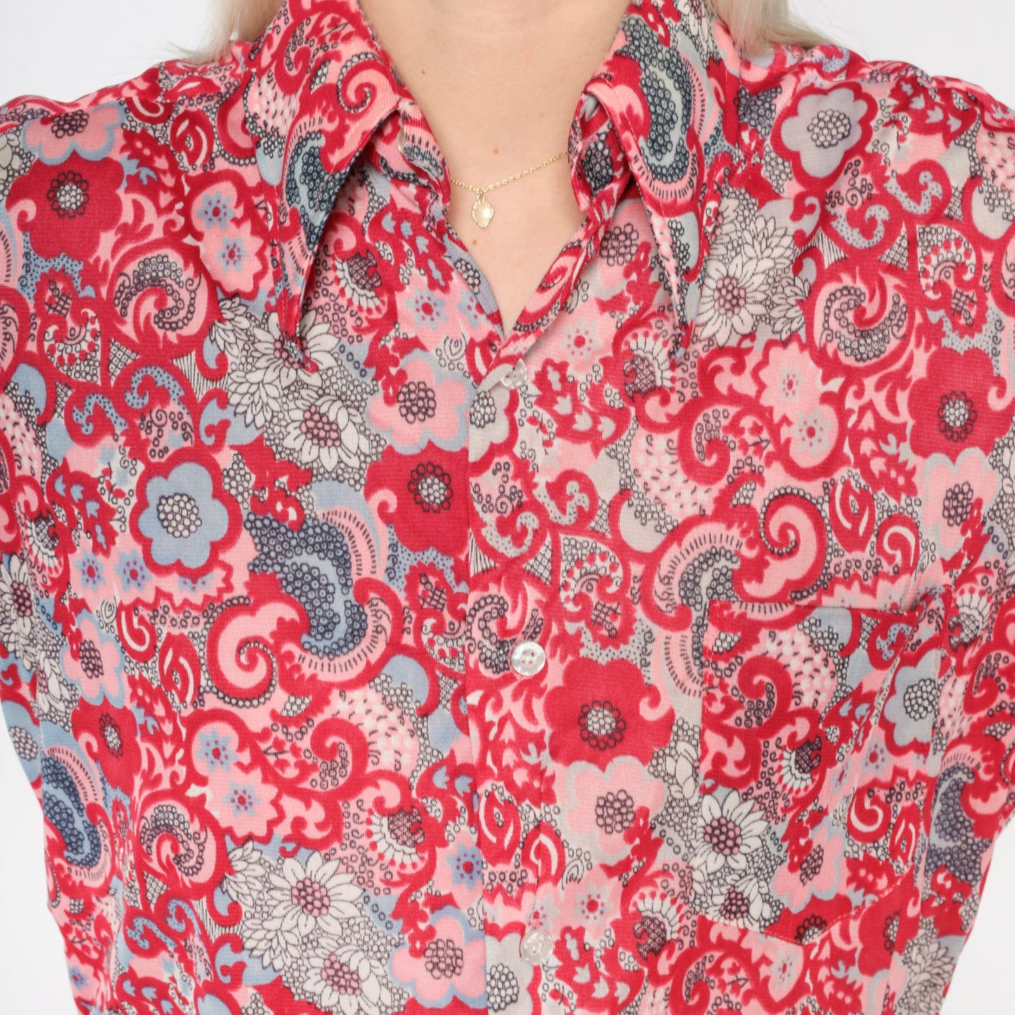 70s Psychedelic Floral Button-Up Shirt Pink Red Paisley Flower Print Medium