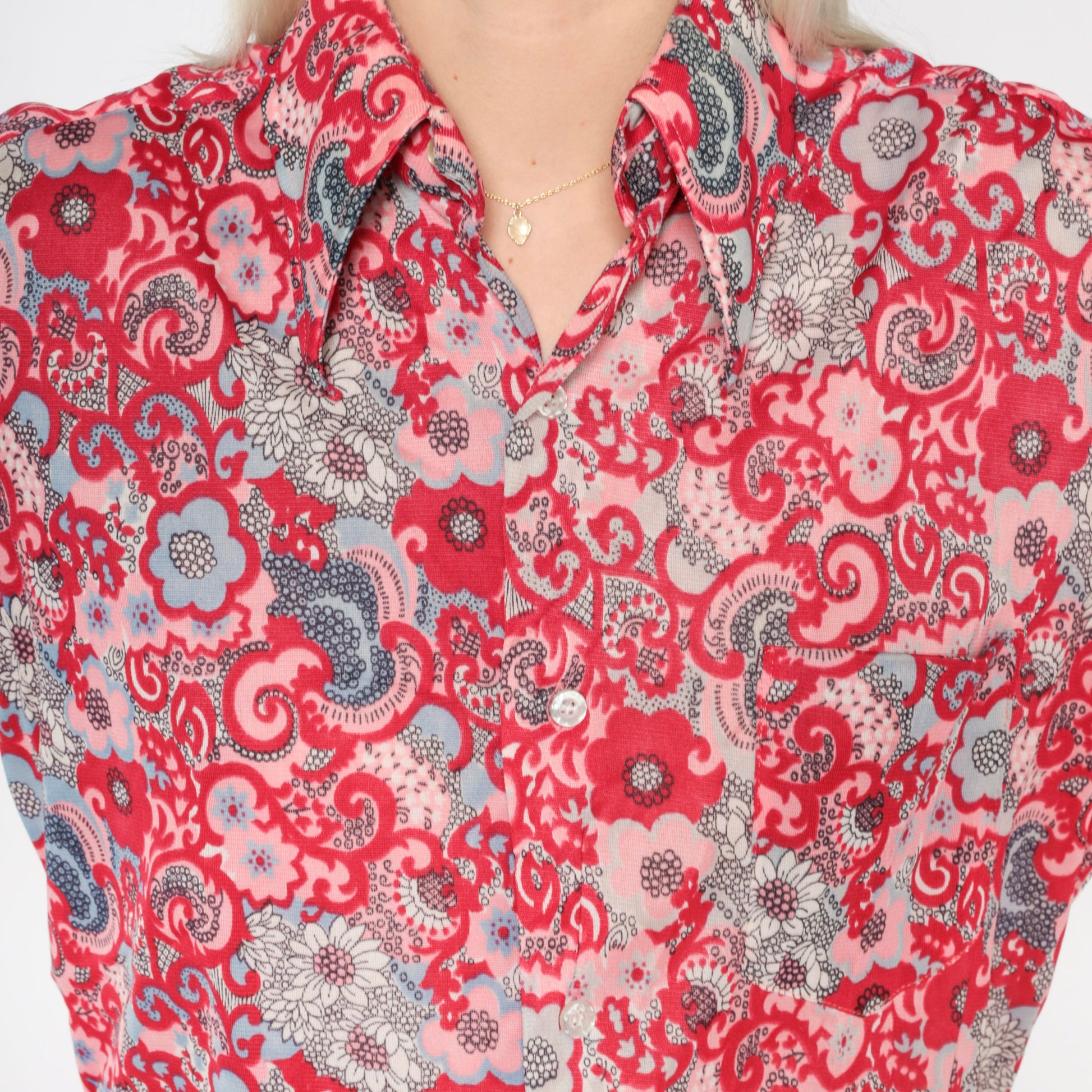 70s Psychedelic Floral Button-Up Shirt Pink Red Paisley Flower Print Medium