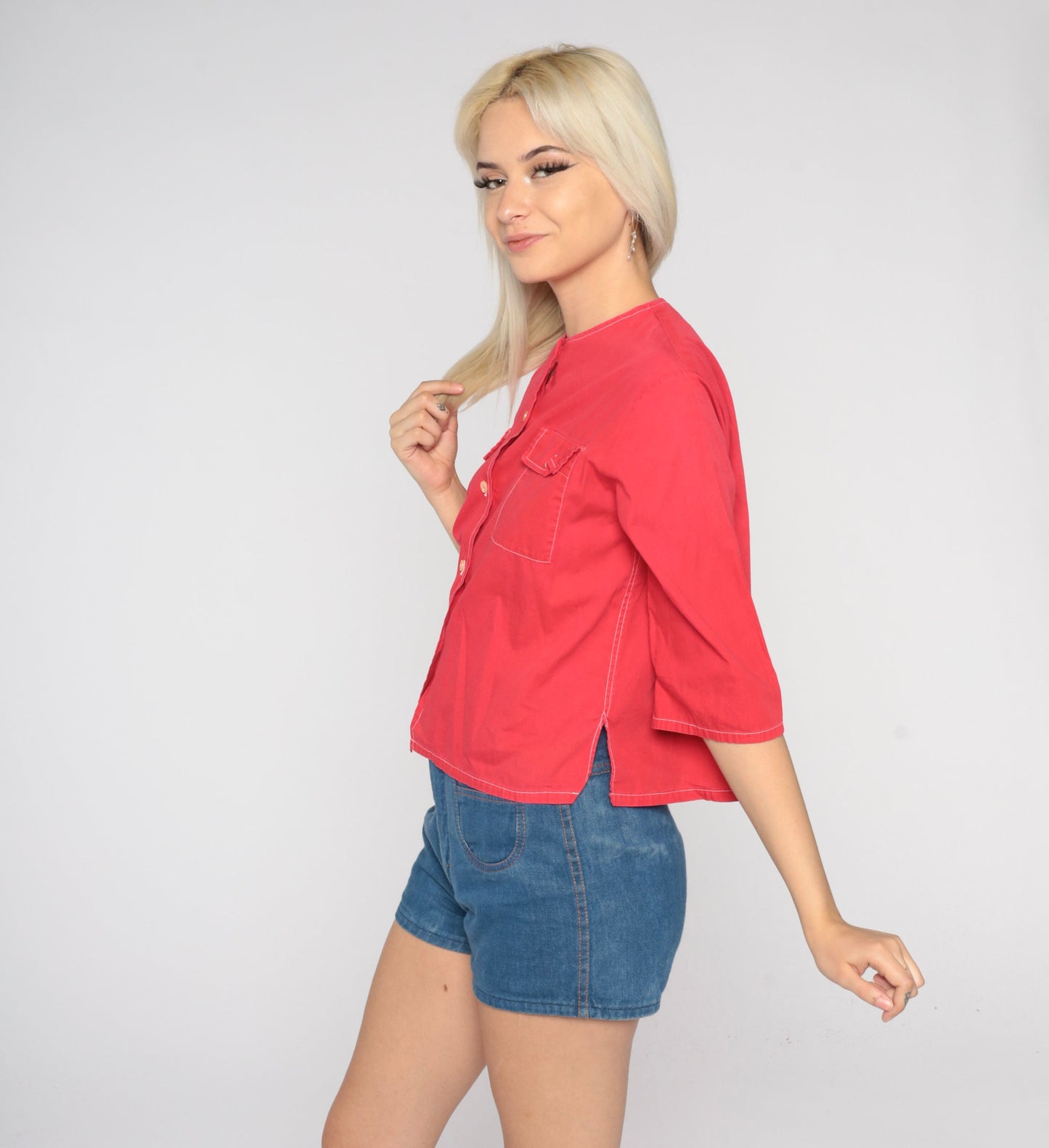 70s Red Button-Up Blouse Short Sleeve Chest Pockets Small