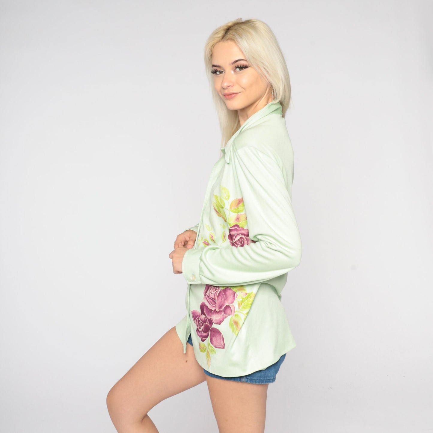 70s Green Floral Rose Print Blouse Pointed Collar Long Sleeve Button Up Medium
