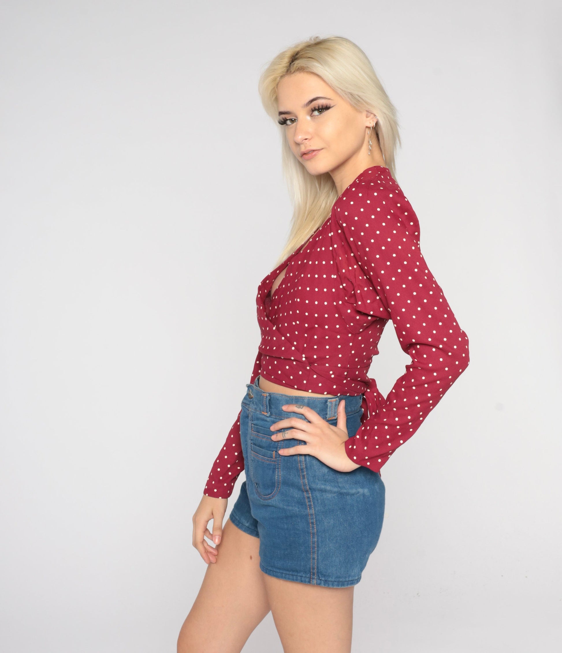 70s Polka Dot Wrap Blouse Burgundy Long Sleeve Crop Top Small