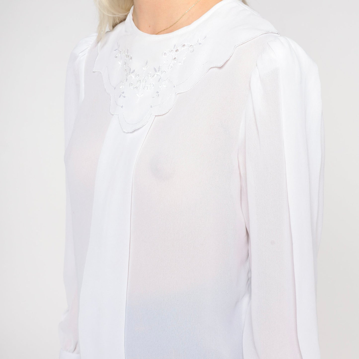 80s White Eyelet Blouse Puff Sleeve Sheer Bib Top Small