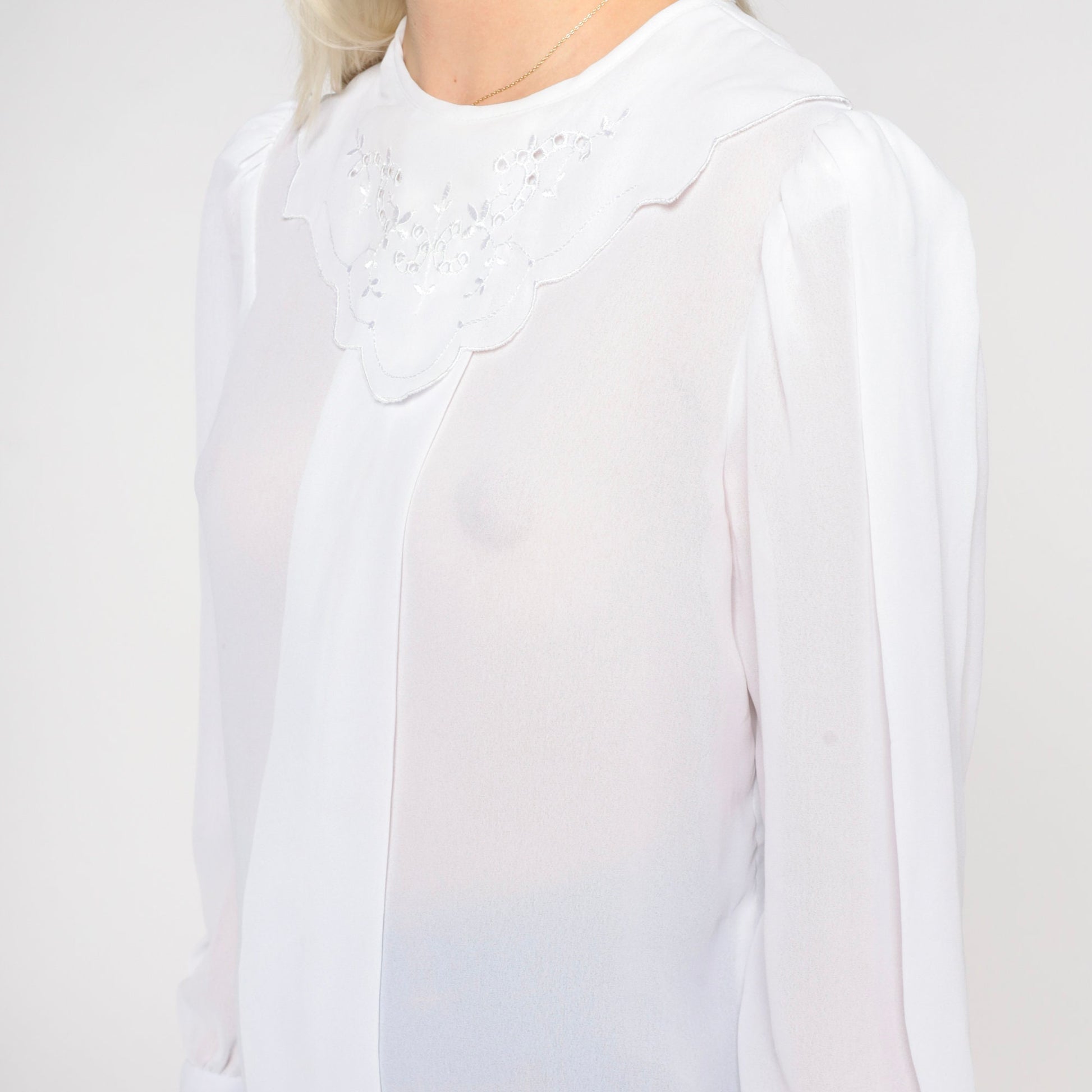80s White Eyelet Blouse Puff Sleeve Sheer Bib Top Small