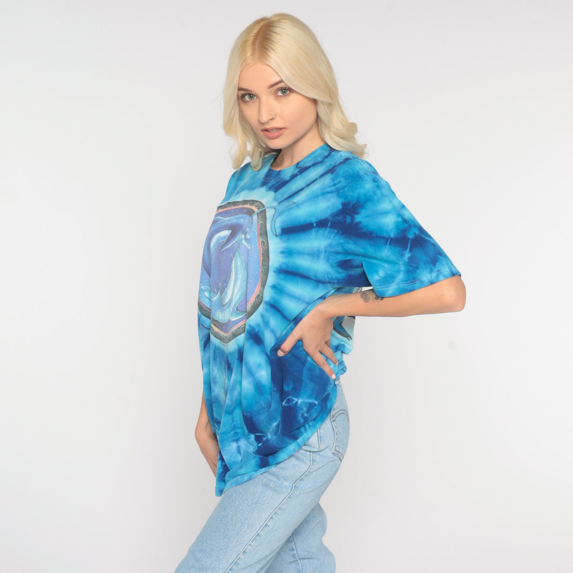 90s Dolphin Tie Dye Graphic T-Shirt Blue Galactic Print Cotton Medium
