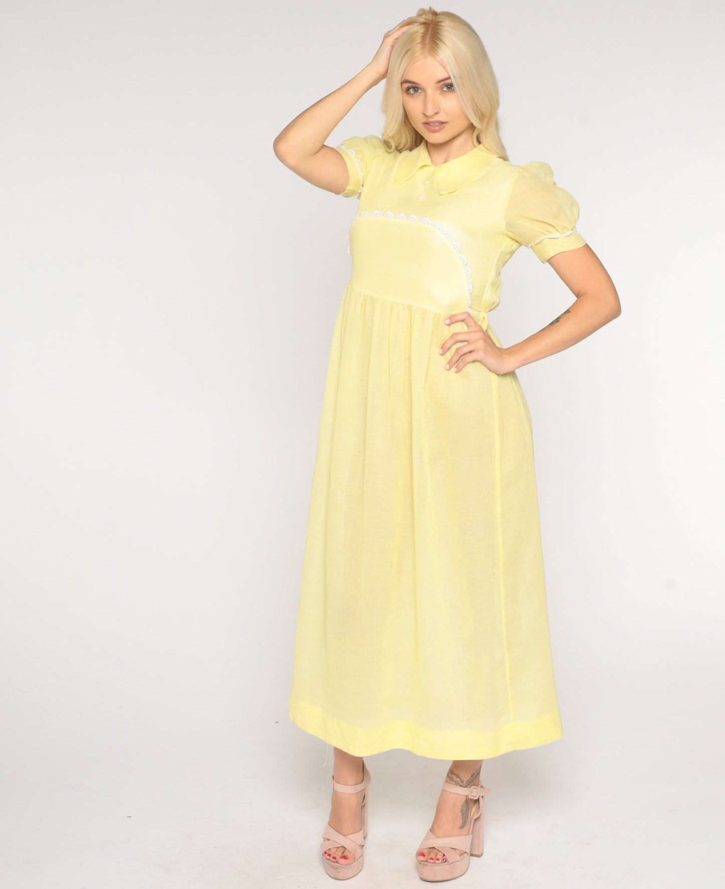 1970s Sheer Pastel Yellow Maxi Dress Puff Sleeve High Waist Extra Small