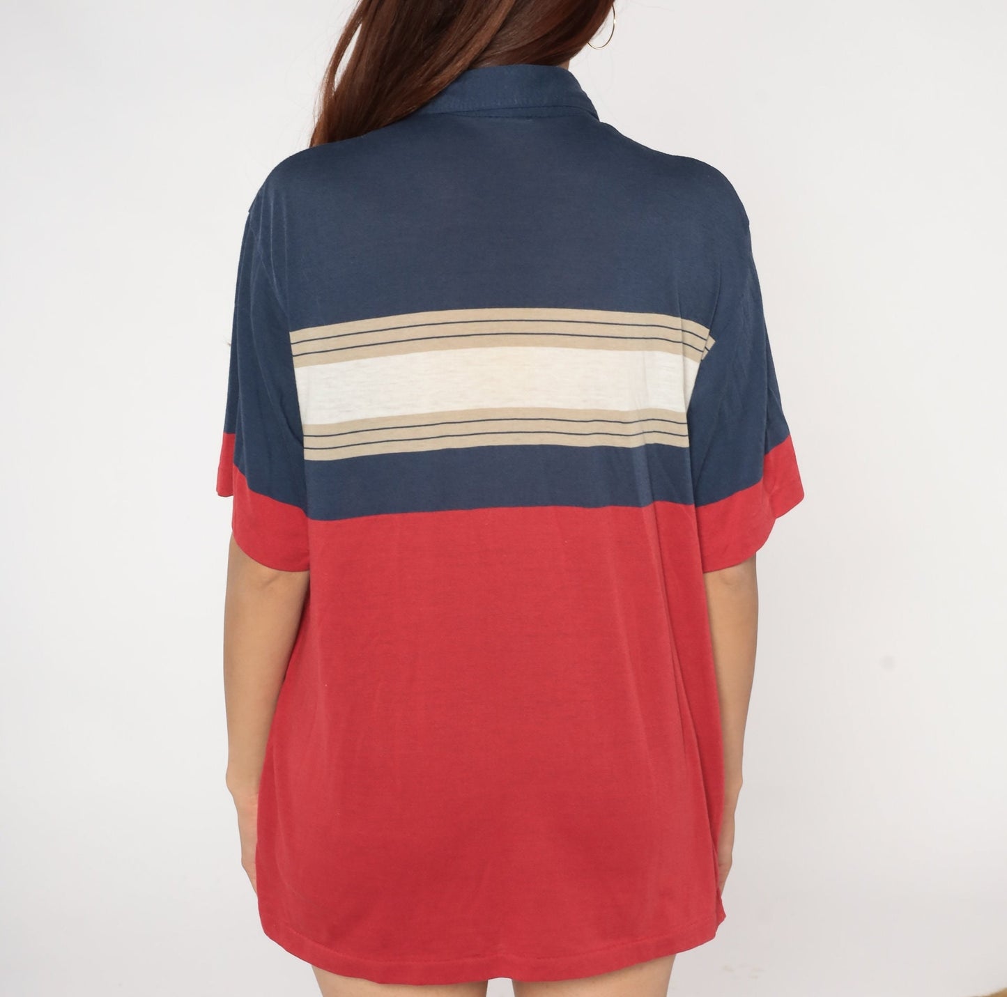 90s Polo Shirt Navy Red Tan Striped Color Block Chest Pocket Men's Large L