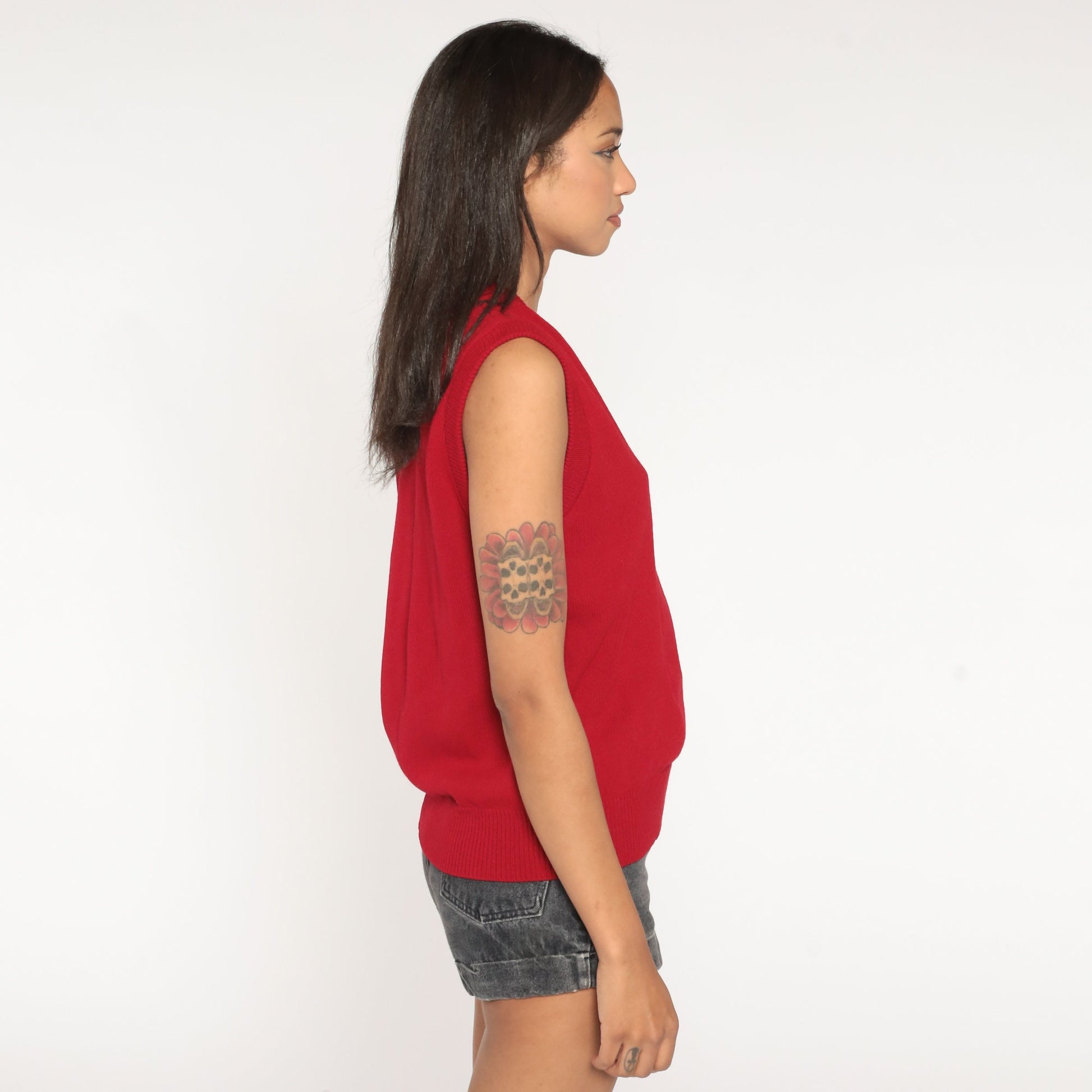 80s Red Acrylic Knit Sweater Vest V-Neck Sleeveless Small