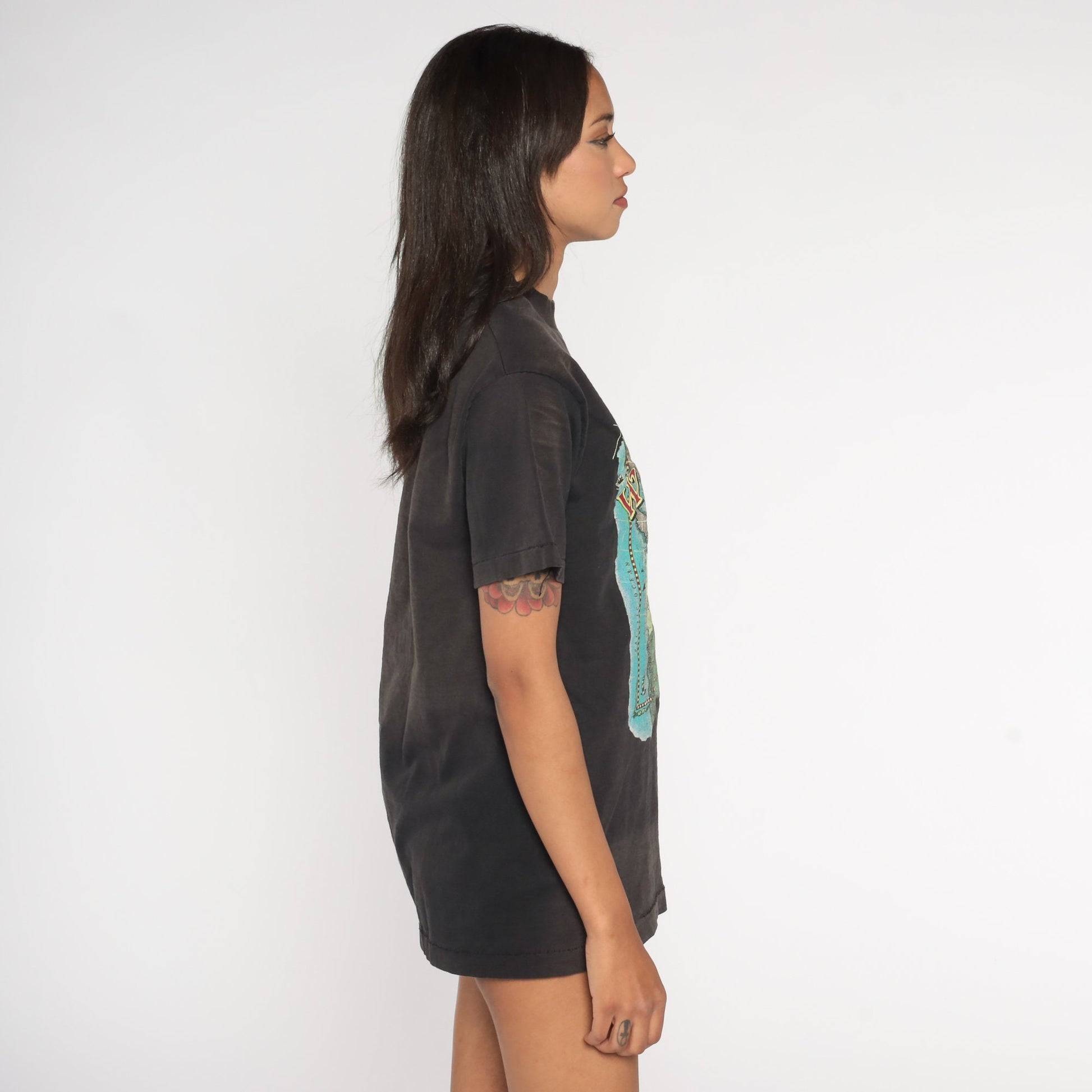 90s Washington State Map T-Shirt Black Faded Graphic Tee Medium