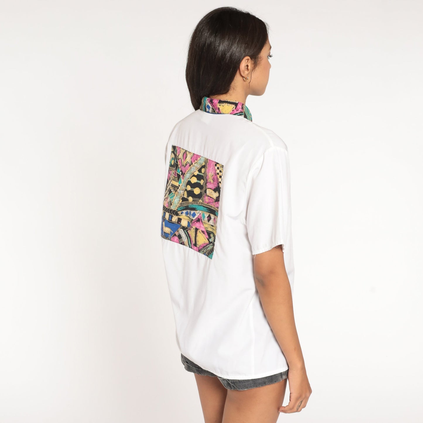90s White Geometric Button Up Shirt Contrast Collar Short Sleeve Large L