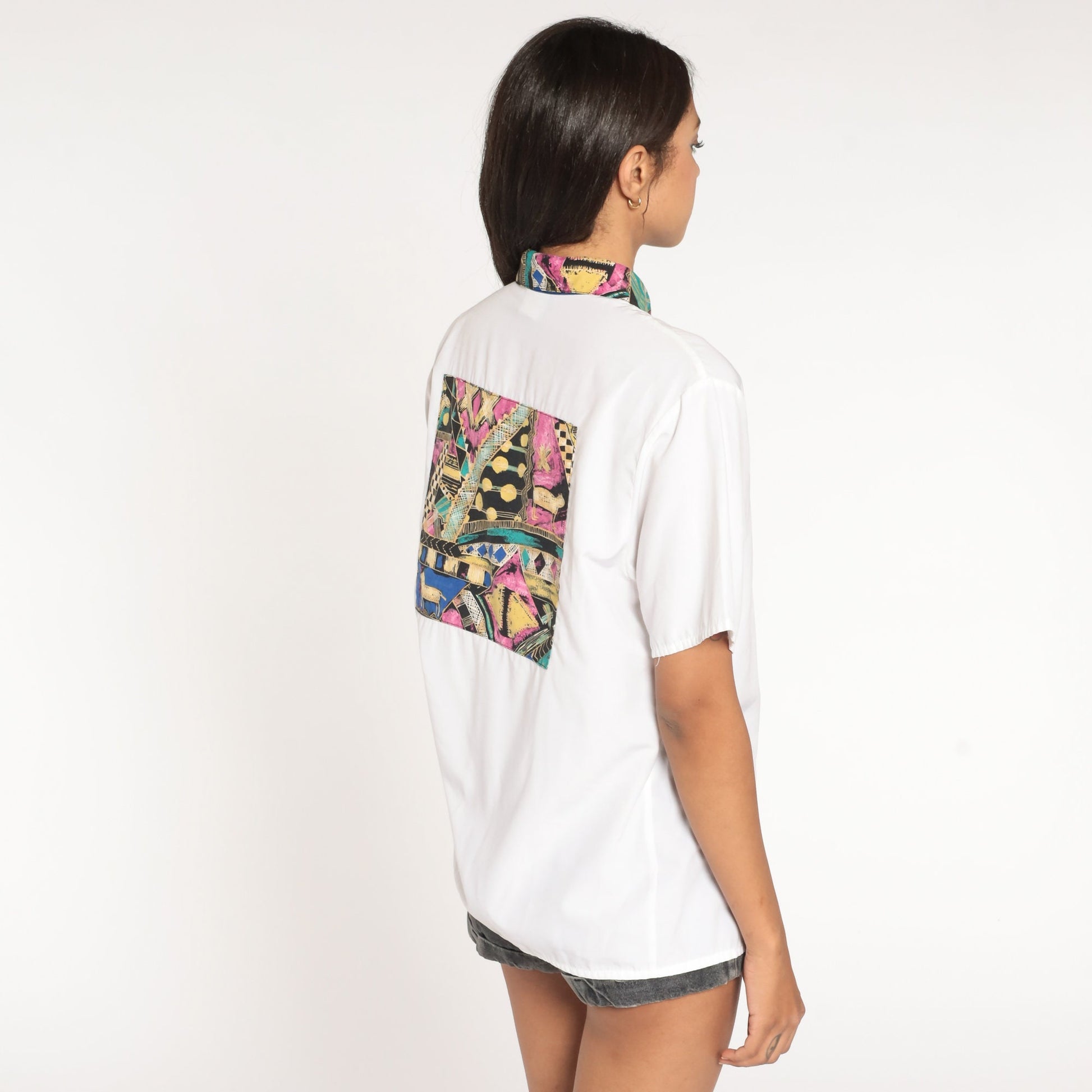 90s White Geometric Button Up Shirt Contrast Collar Short Sleeve Large L