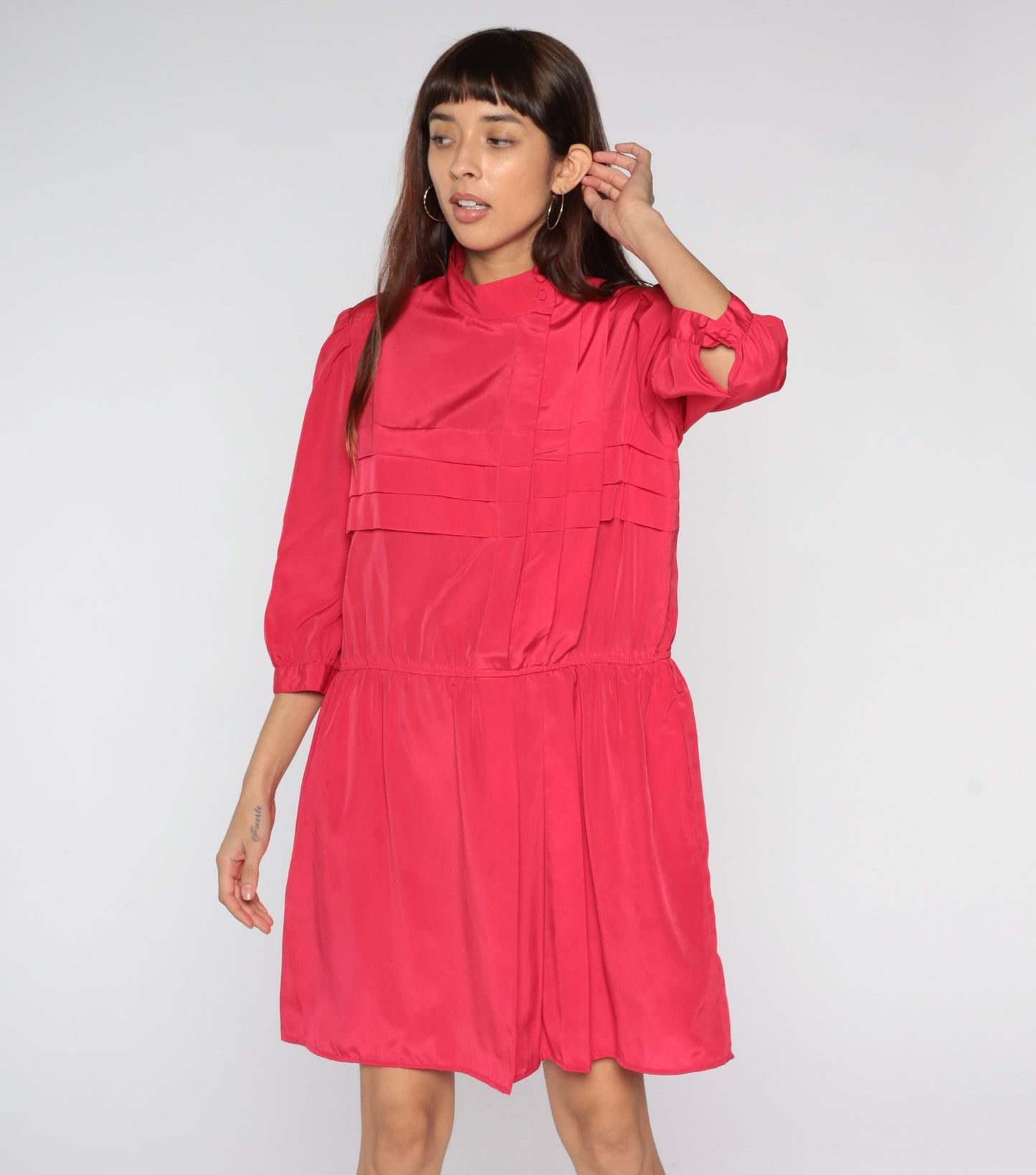 00s Hibiscus Pink Mini Dress Mock Neck Pleated High Waist Large L